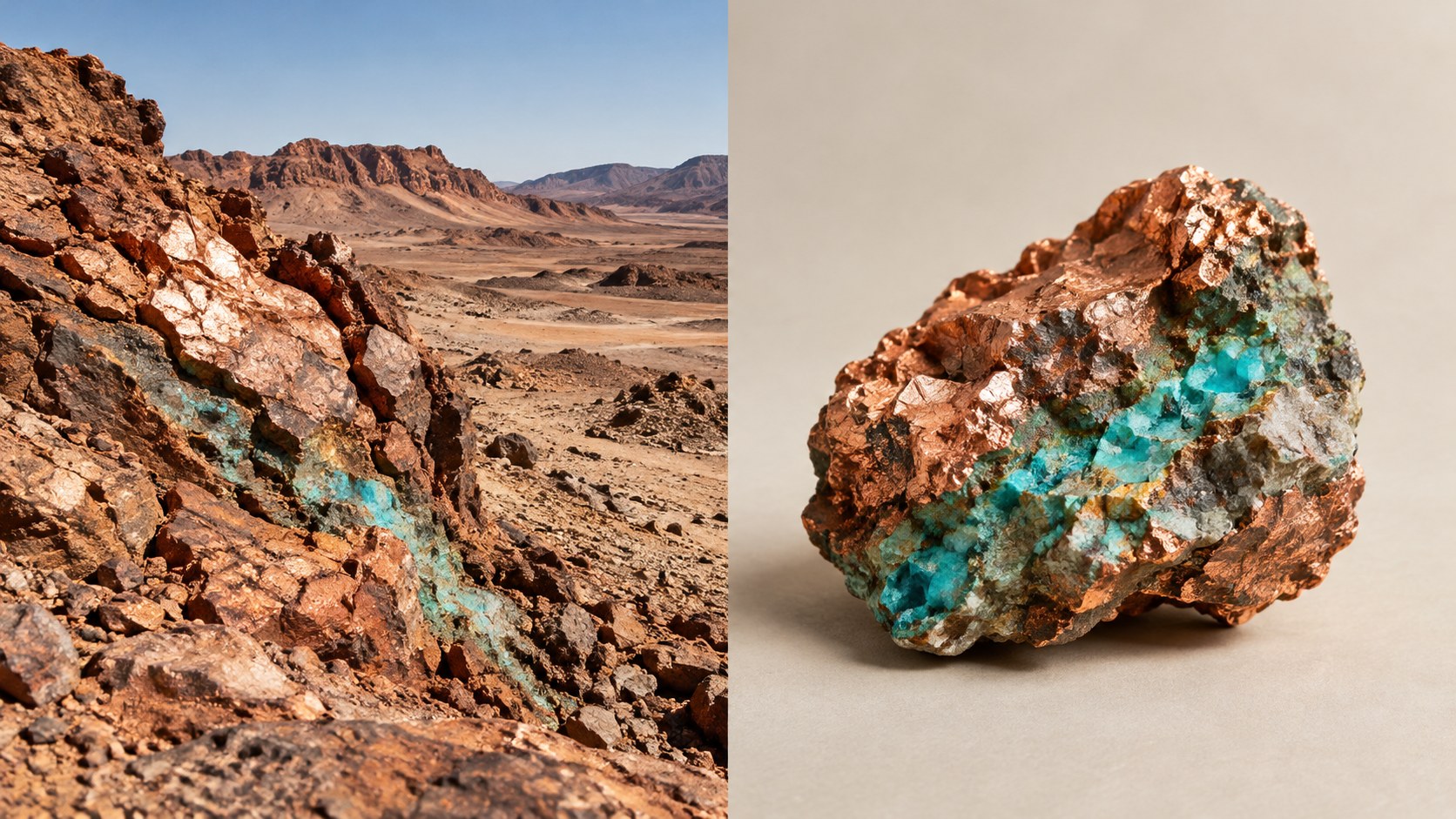 A desert landscape with a turquoise vein in copper-tinted rock