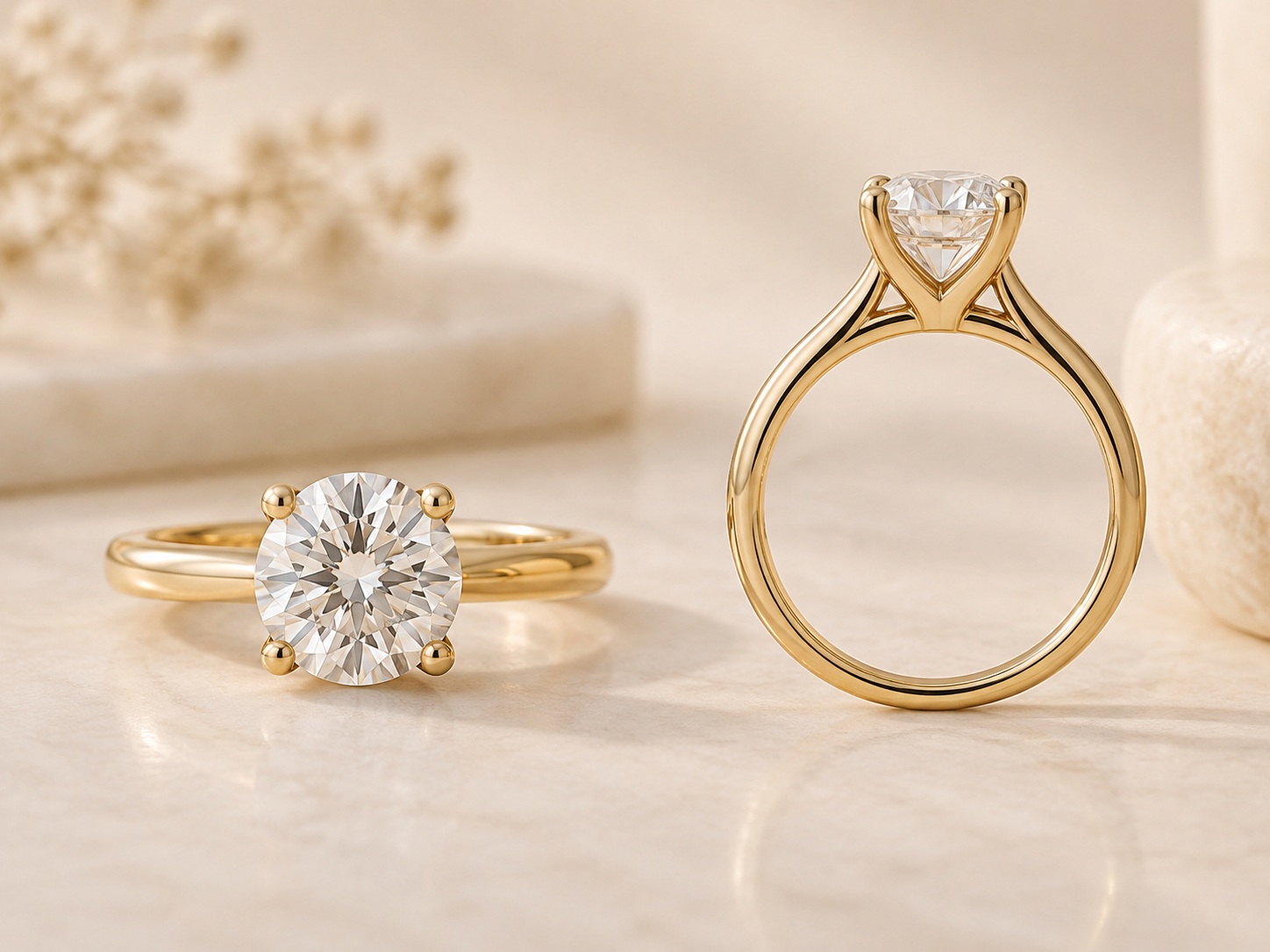 AI illustration comparing top and side views of separate solitaire-style ring concepts.