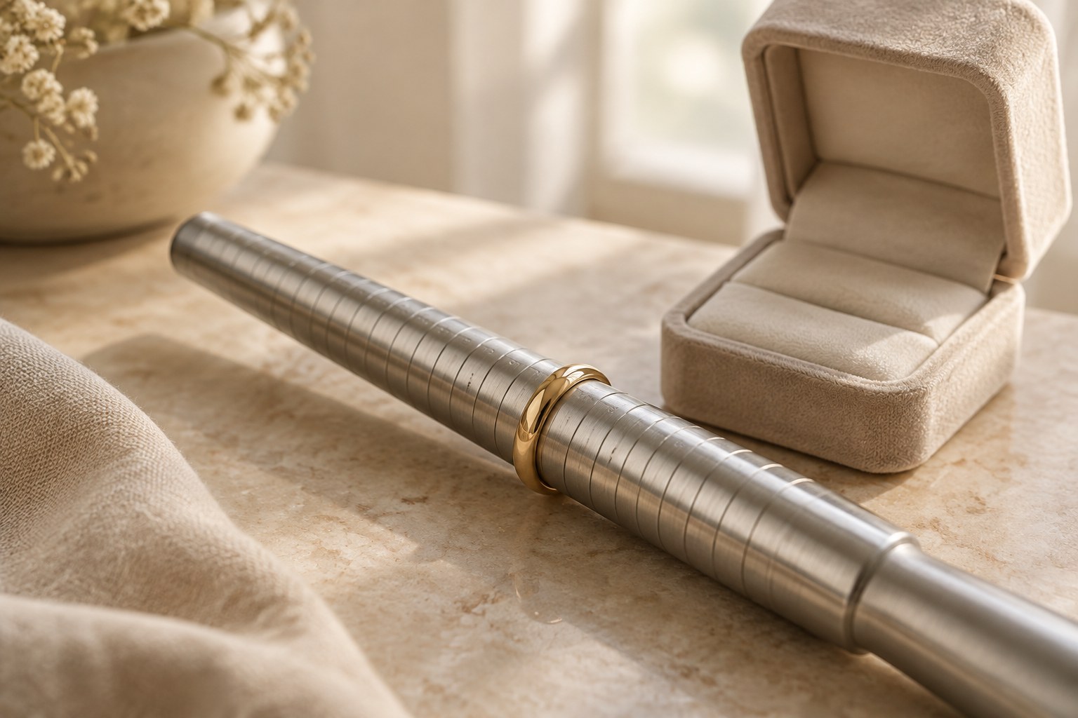 Illustration: a ring sizer mandrel with a gold ring beside a jewellery box