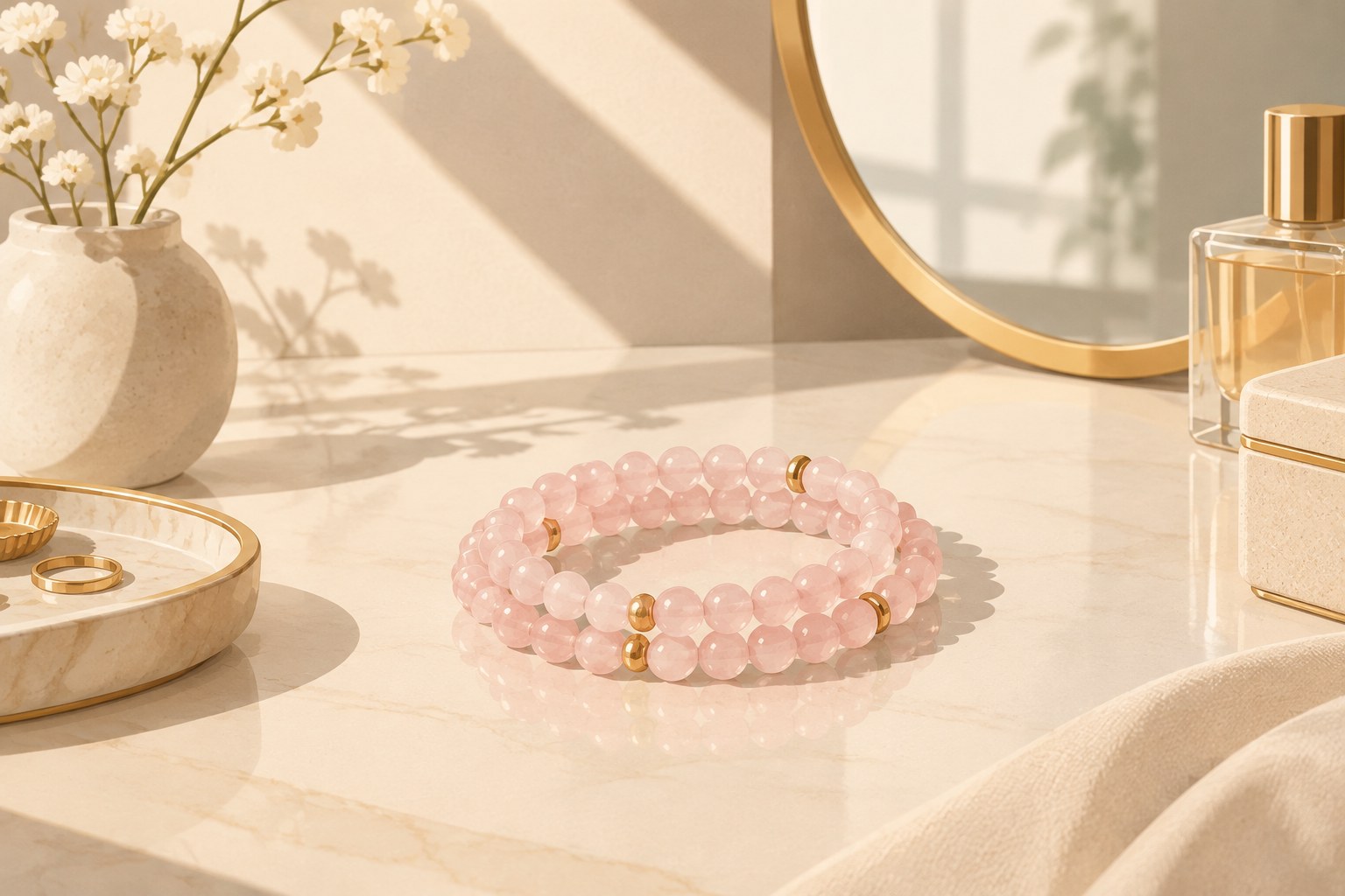 Illustration: a rose quartz beaded bracelet on a dressing table