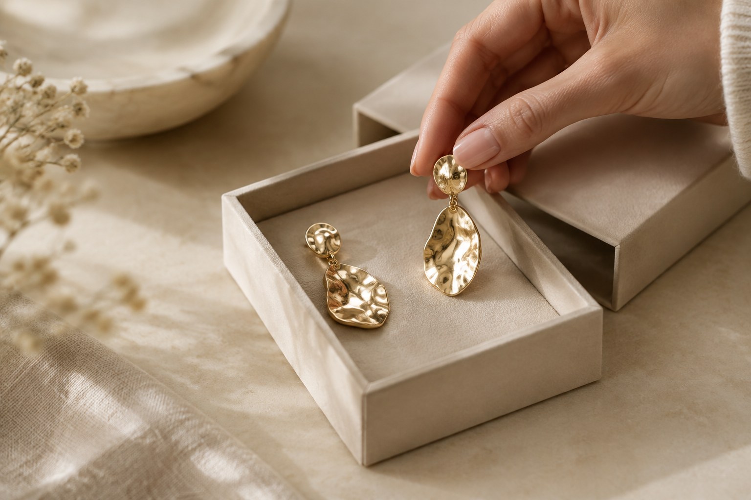 Illustration: a hand placing one statement earring into a minimalist jewellery box