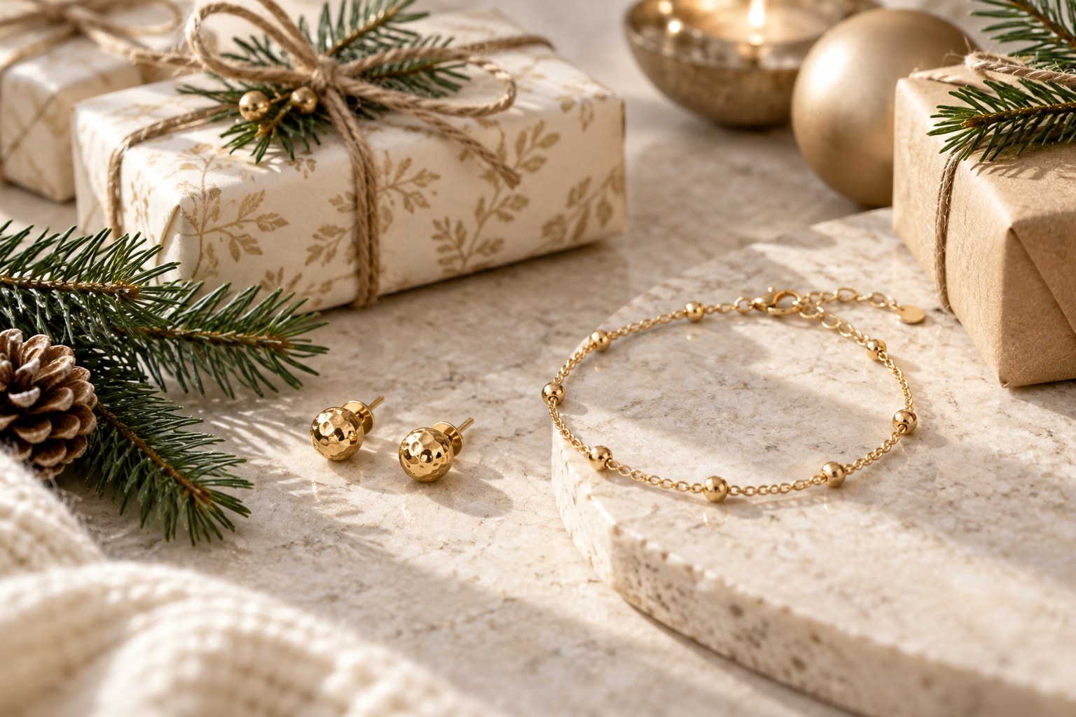 Festive flat lay of gold earrings and a bracelet with pine sprigs