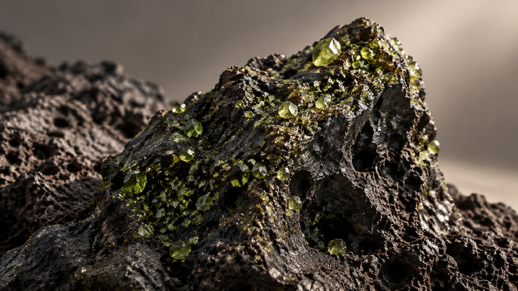 Volcanic rock with tiny green olivine crystals glinting