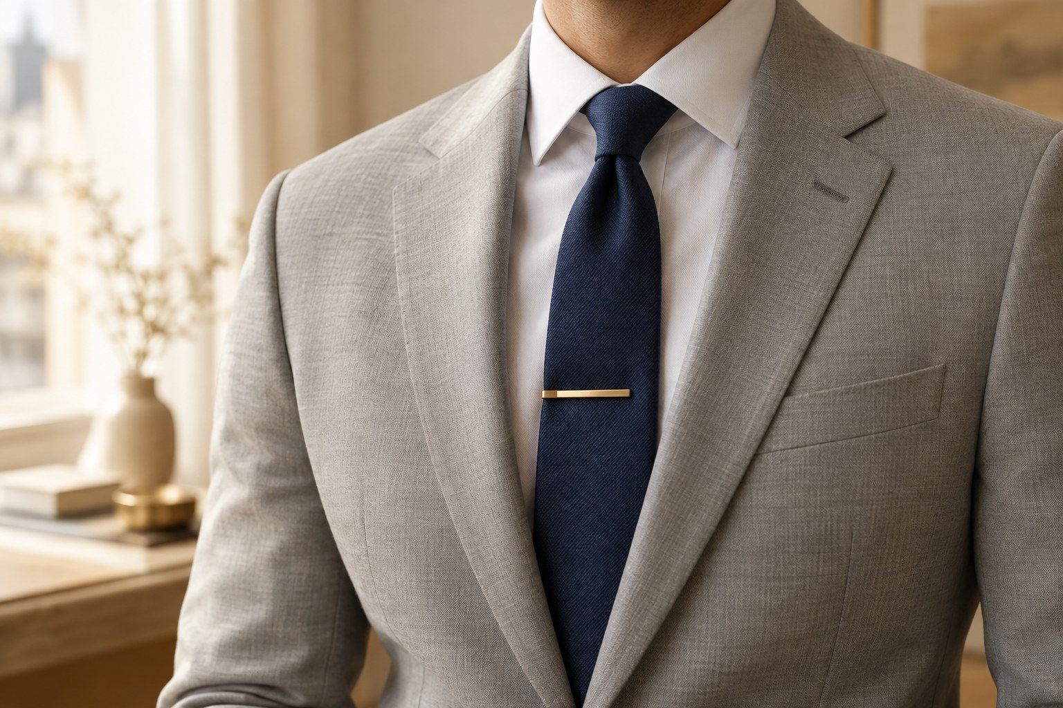AI illustration of a grey suit with a navy tie and gold tie bar
