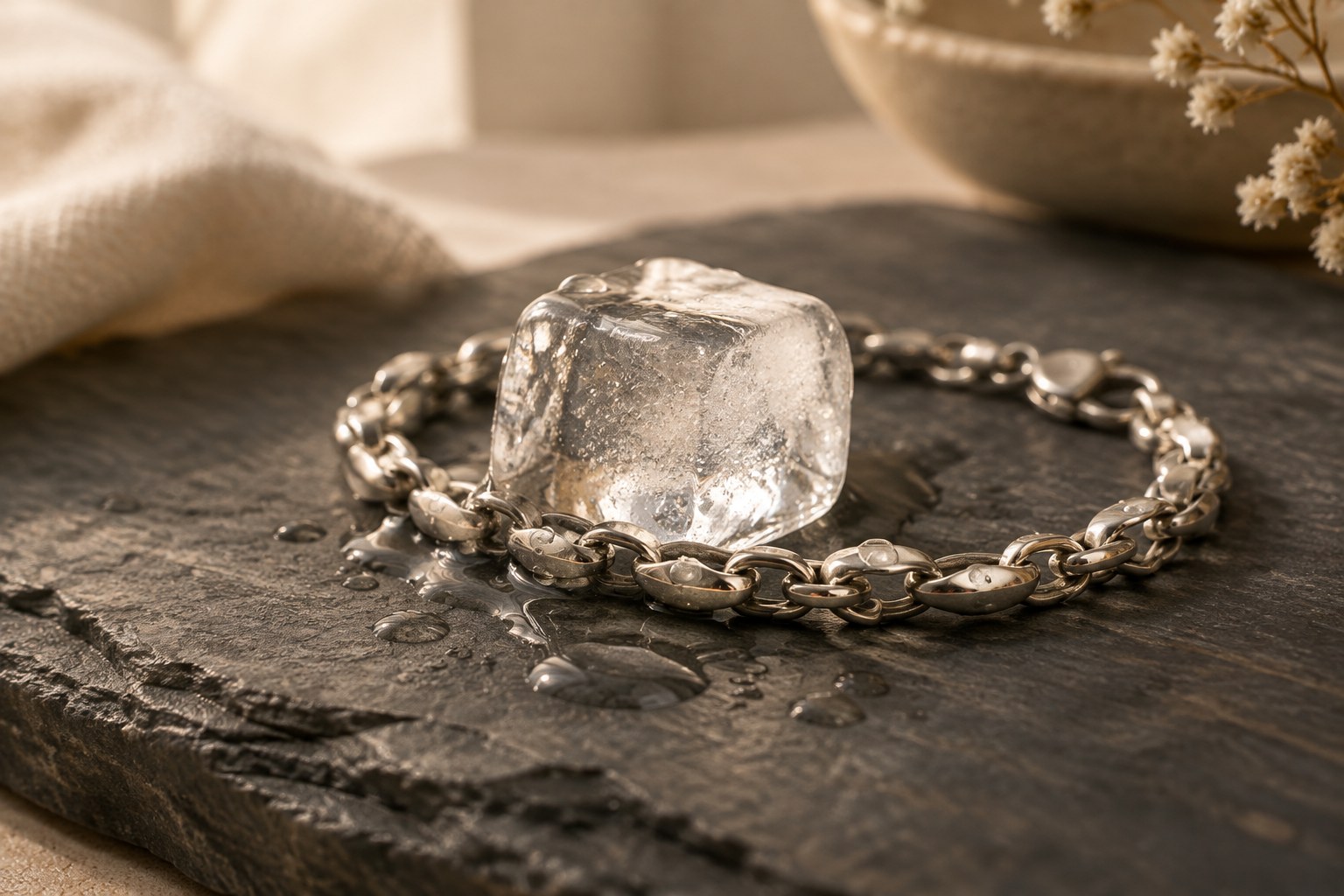 Illustration: an ice cube melting on a silver bracelet on dark slate