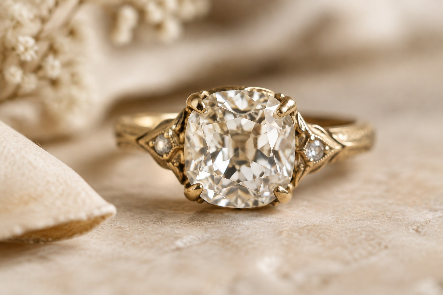 Illustration: macro of an old mine cut diamond ring in an antique setting