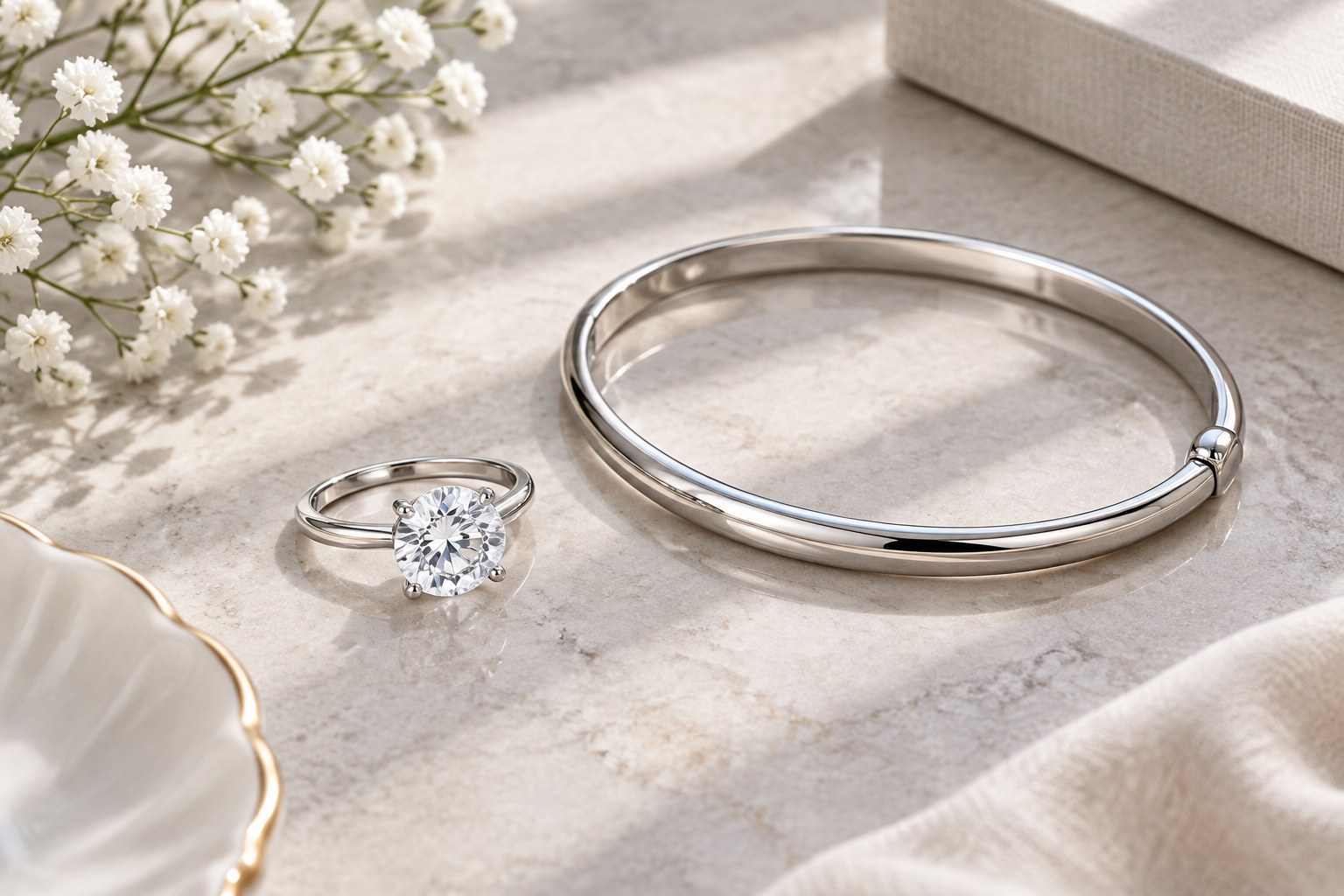 Illustration of a white gold ring beside a silver bangle (AI illustration, not a Shewah product)