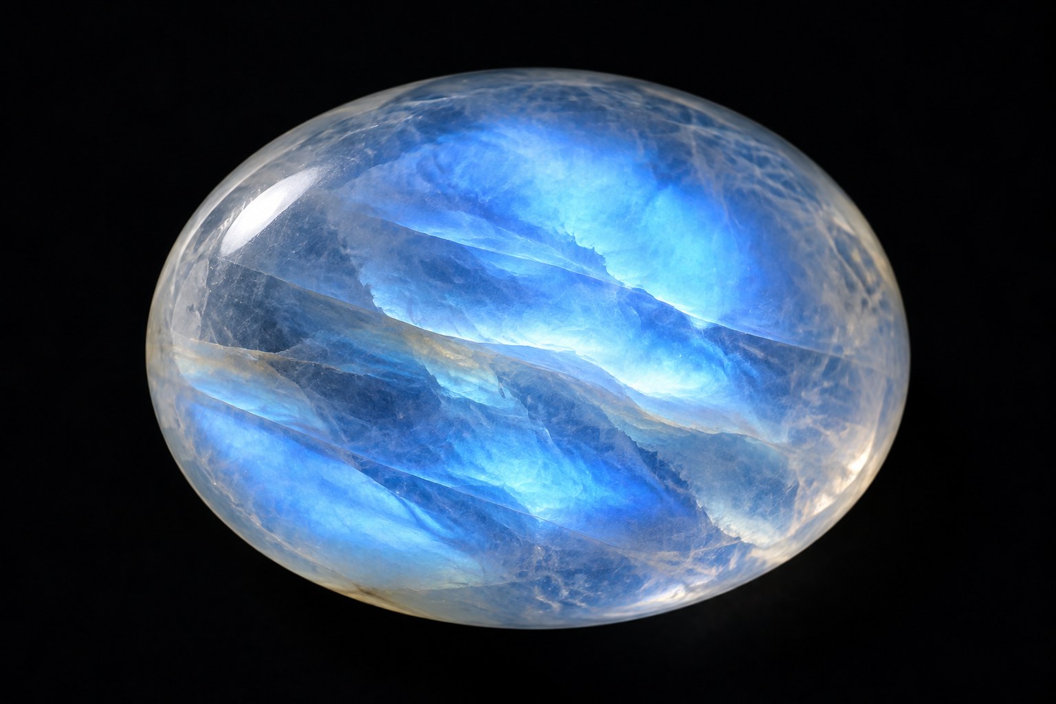 Macro illustration of blue adularescence inside a moonstone (AI illustration, not a Shewah product)
