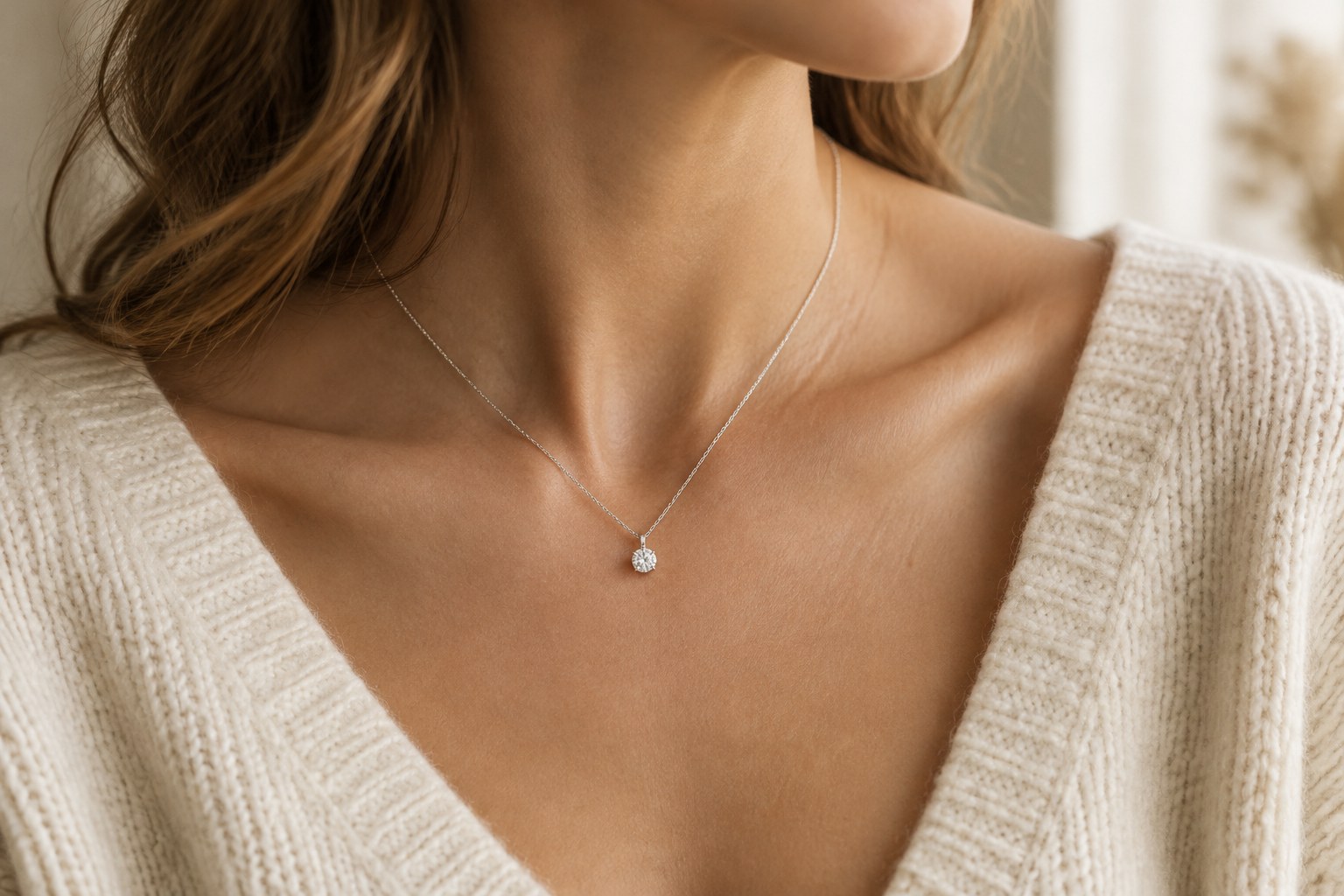Illustration: a delicate diamond pendant worn at the collarbone over a cream knit