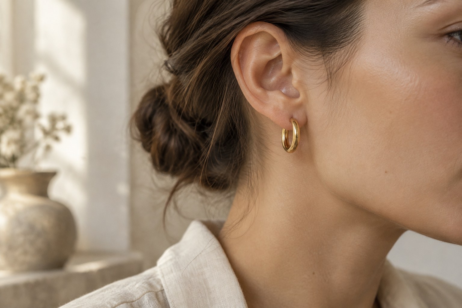 A woman's ear wearing a small gold hoop earring
