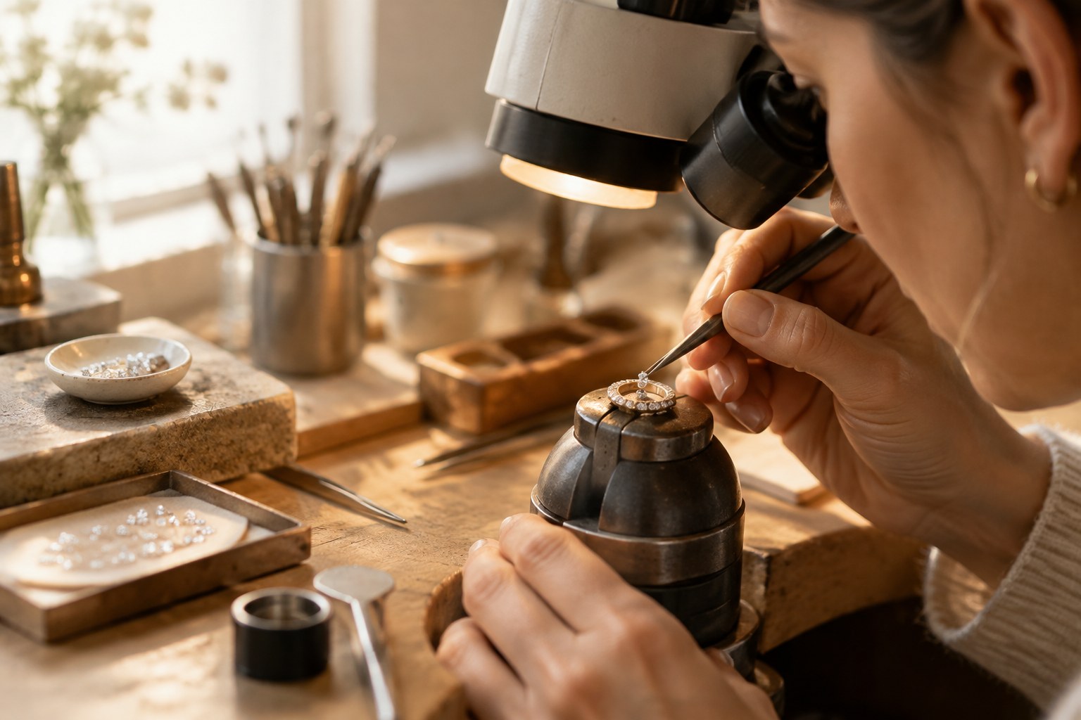 Illustration: setting tiny diamonds under magnification at a jeweller's bench