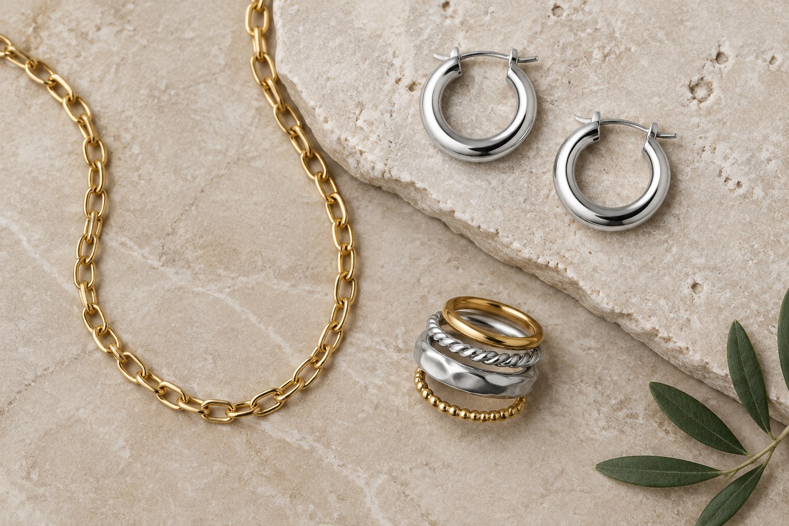 Illustration of a two-tone jewellery layout (AI illustration, not a Shewah product)