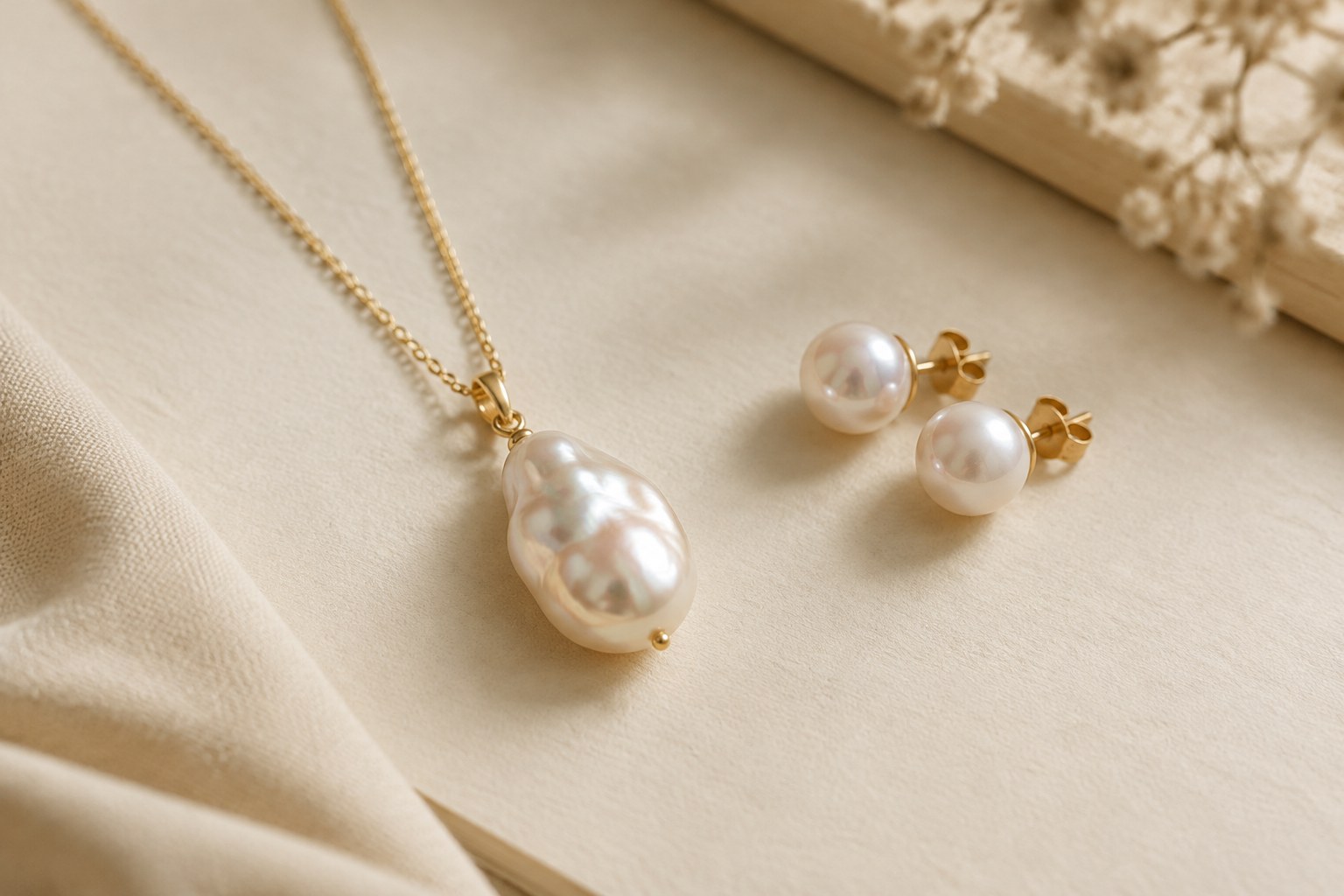 Illustration: a single baroque pearl pendant beside pearl studs on cream paper