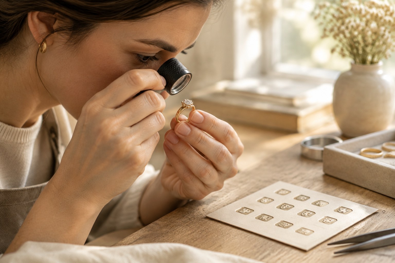 Illustration: a jeweller inspecting a ring under a loupe beside a hallmark card