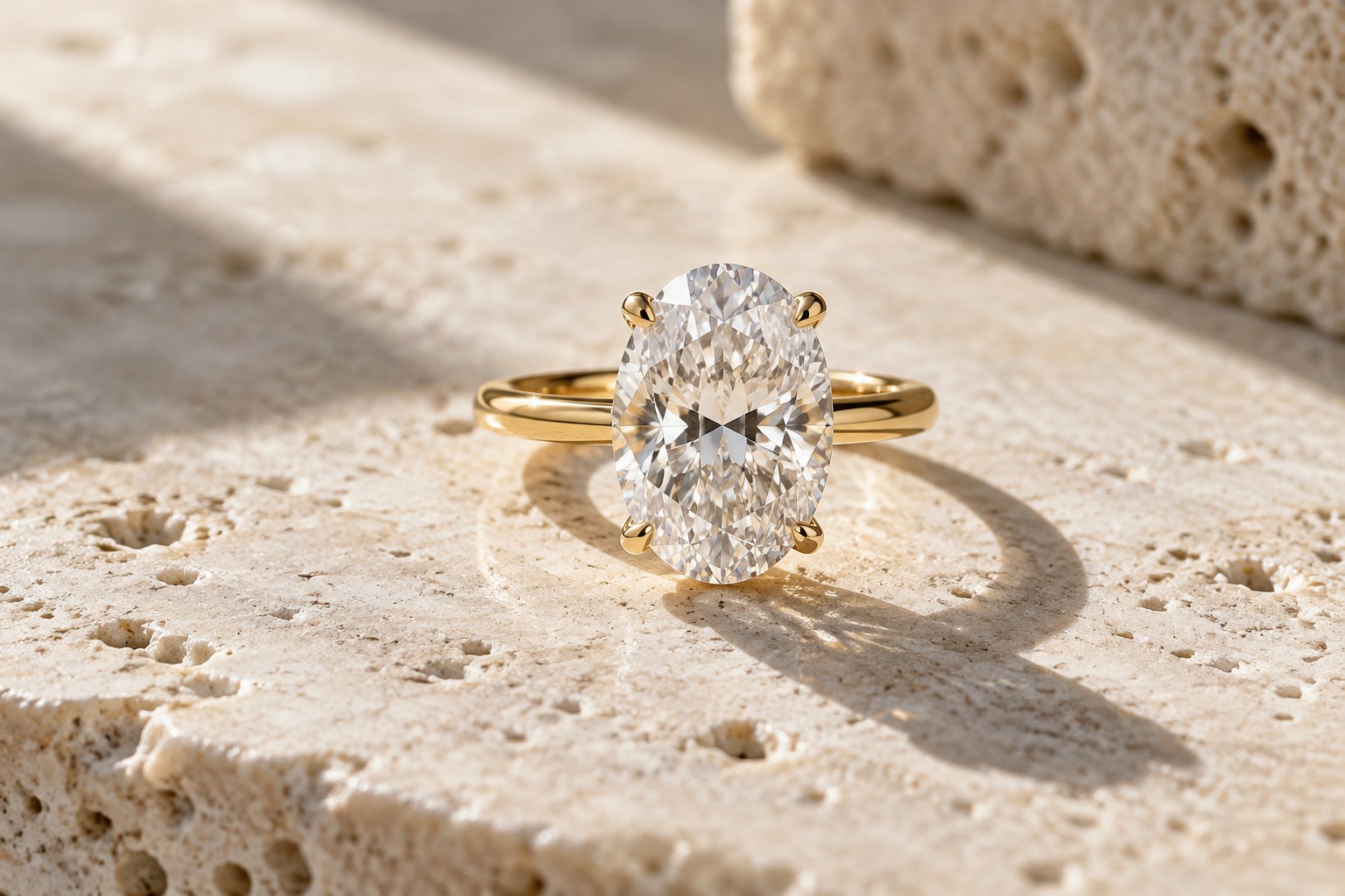 AI illustration of an oval diamond solitaire ring on pale travertine stone.