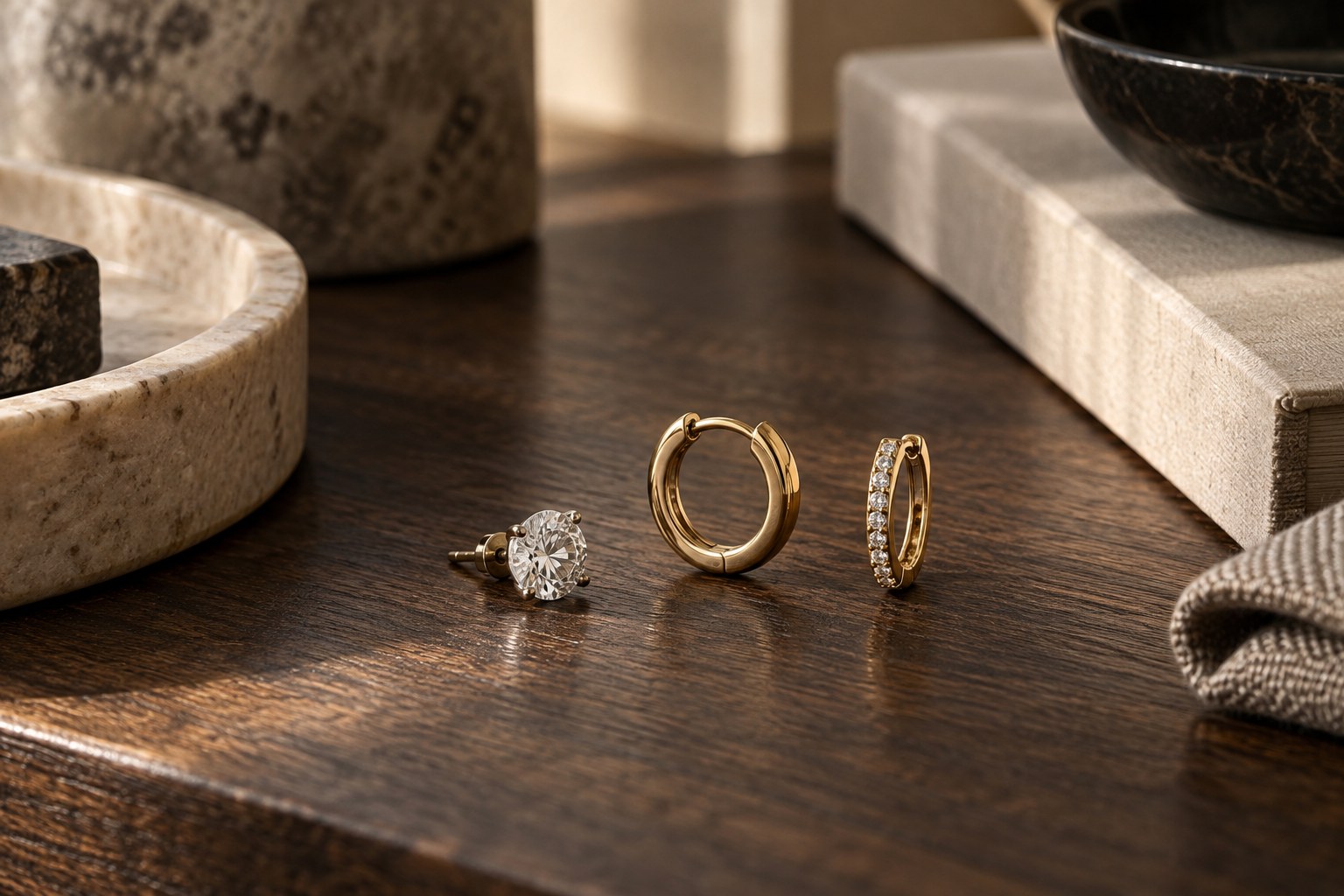 A men's flat lay of a diamond stud, gold hoop and slim huggie