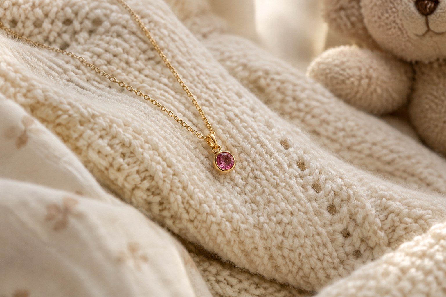 AI illustration of a gold birthstone pendant on a baby blanket
