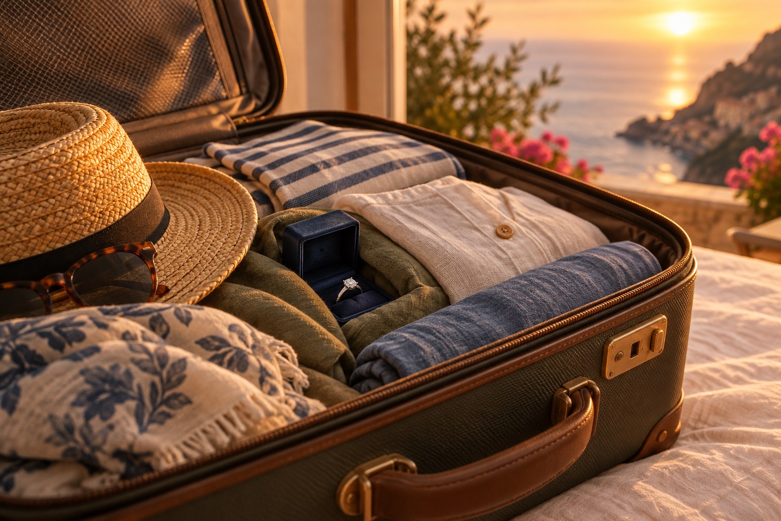 Illustration of a ring box hidden in a suitcase for a holiday proposal (AI illustration, not a Shewah product)