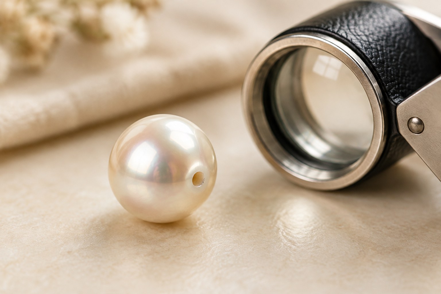 Illustration: close-up of a pearl's clean drill hole beside a jeweller's loupe