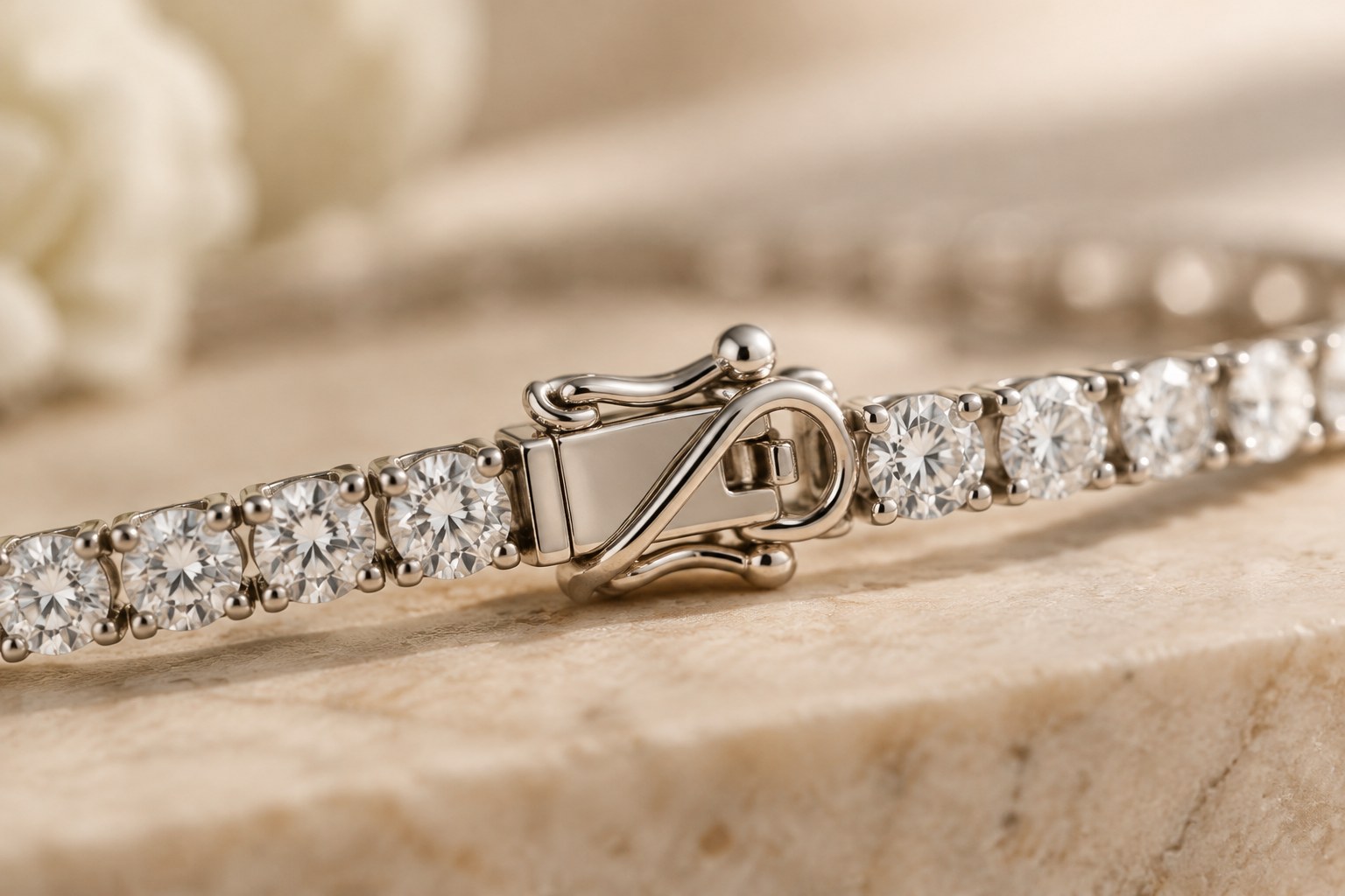 Illustration: macro of a box clasp with a figure-eight safety catch on a diamond bracelet