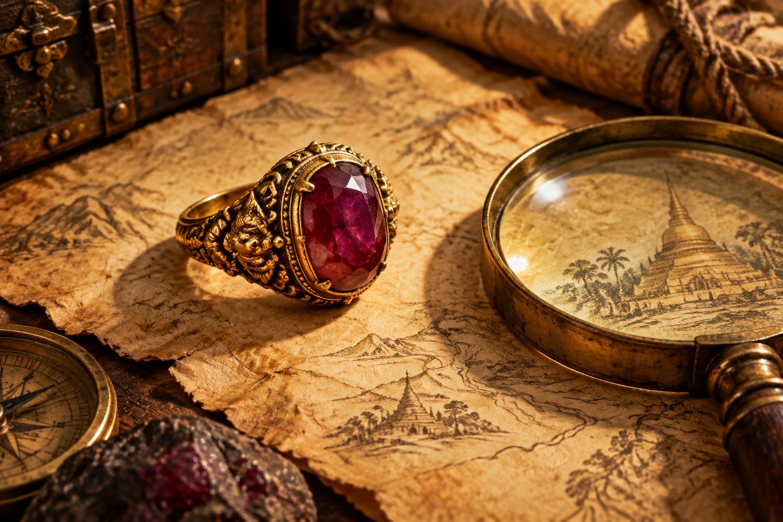 Illustration of an antique-style ruby ring with magnifier (AI illustration, not a Shewah product)
