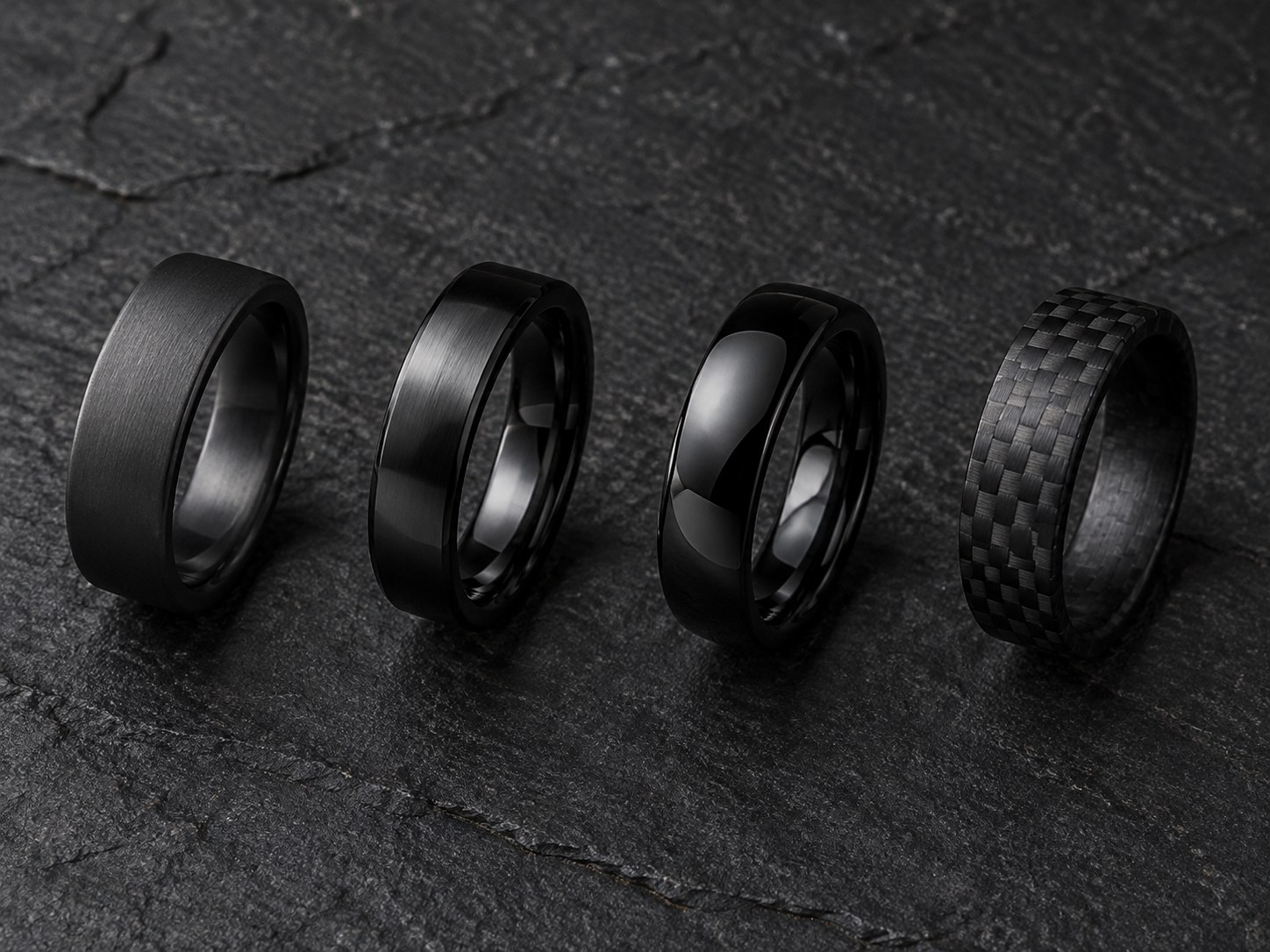 Black wedding bands in tungsten, titanium, ceramic and carbon fibre on a dark background, AI-generated illustration