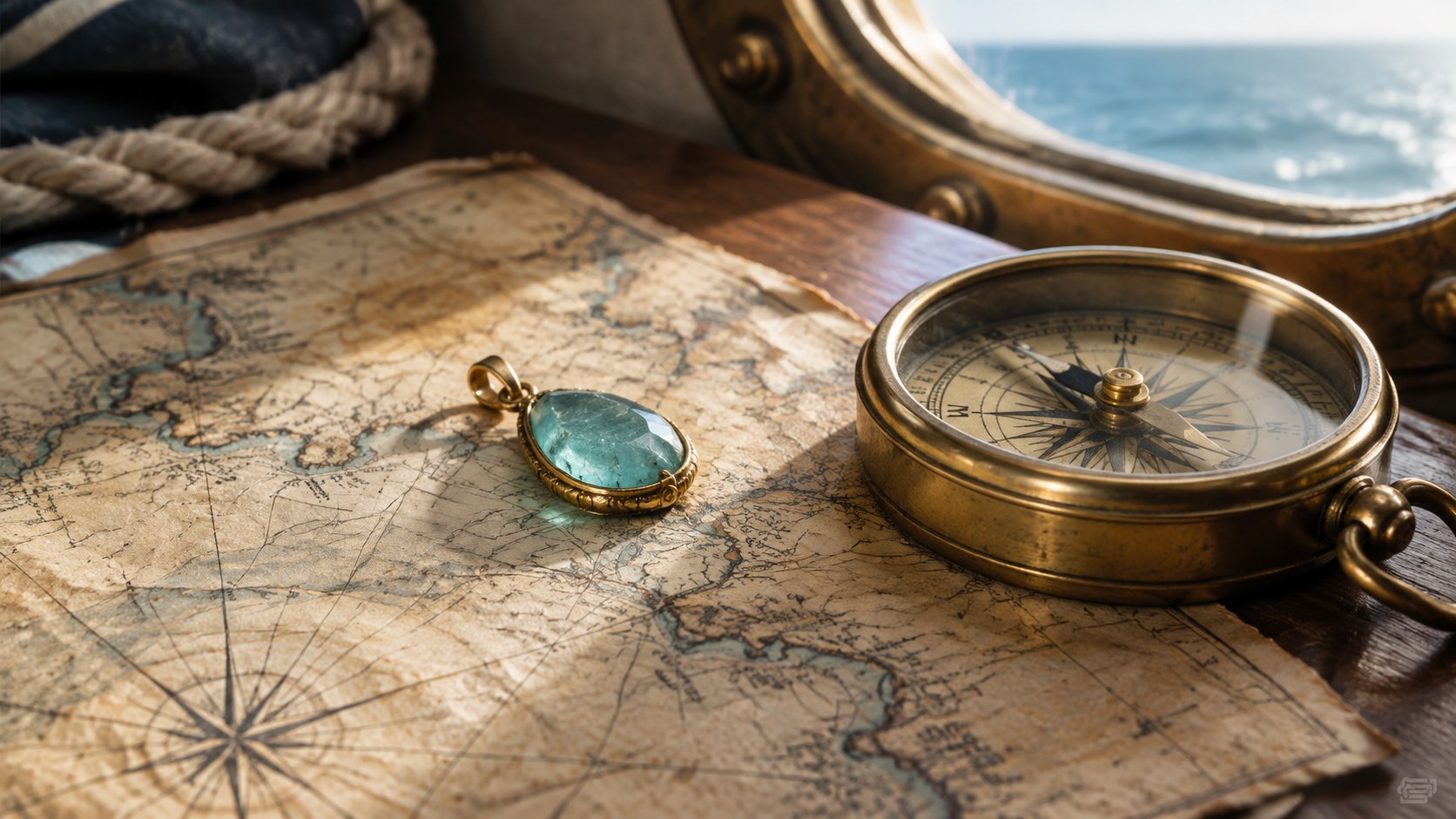 An aquamarine amulet on a weathered nautical map beside a brass compass