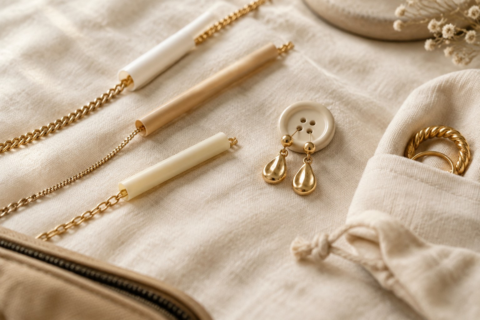 Illustration: chains threaded through straws and earrings pinned on a button