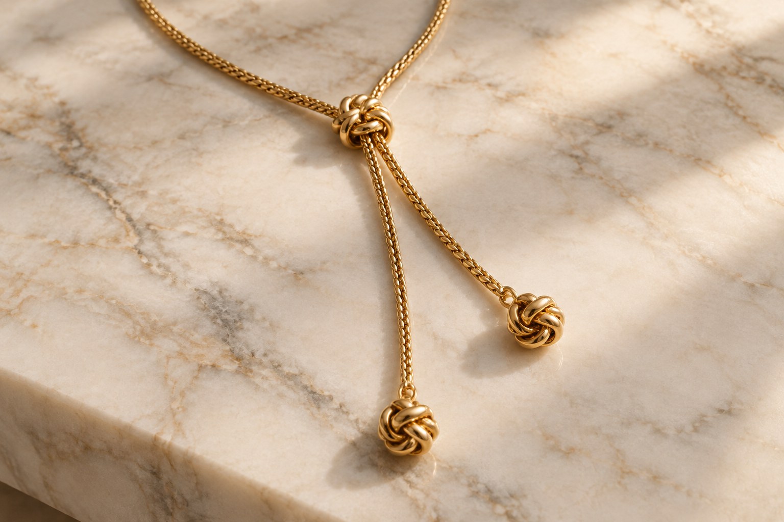 Close-up illustration of a gold lariat necklace on marble (AI illustration, not a Shewah product)
