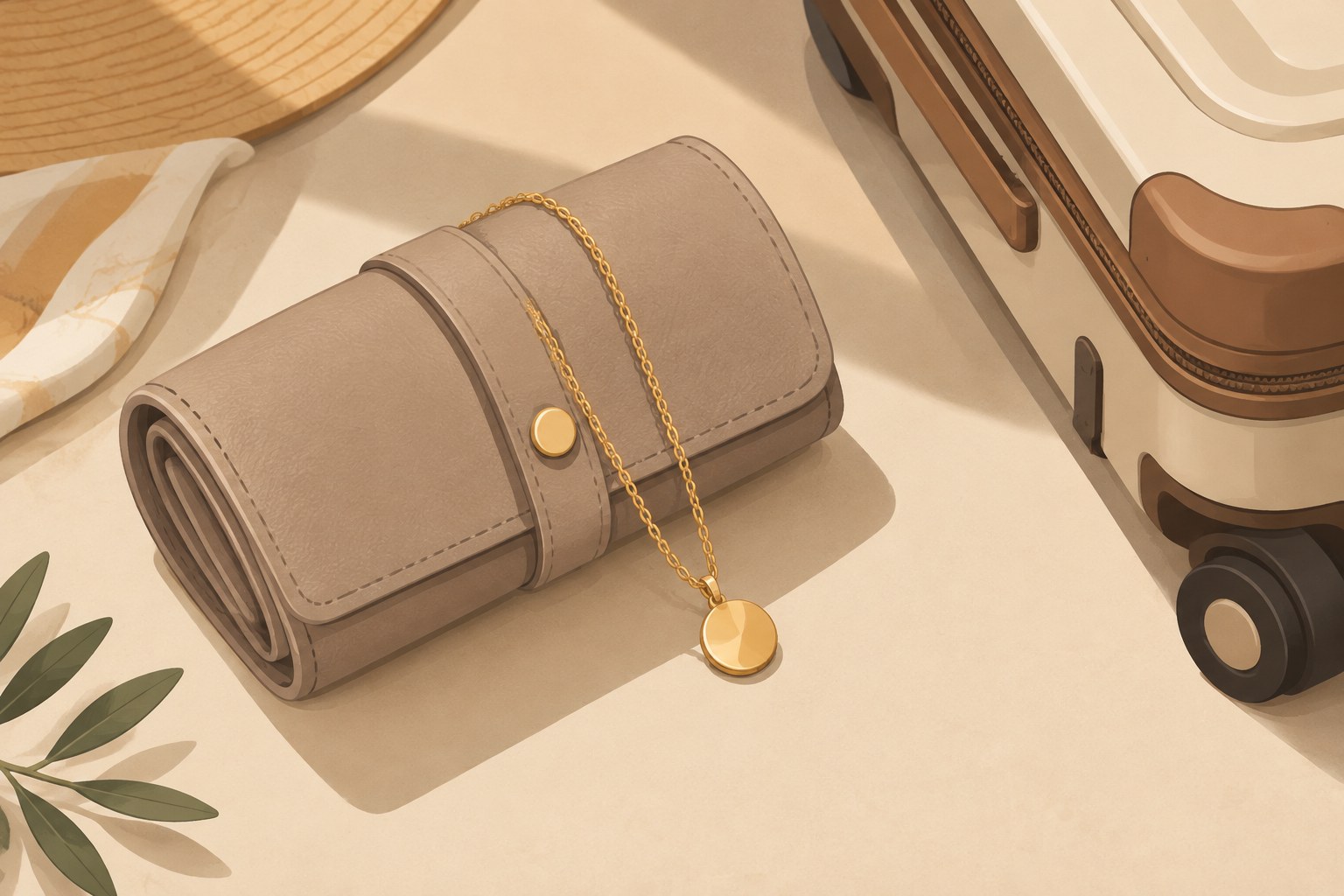 Illustration: a gold pendant necklace packed in a travel jewellery roll