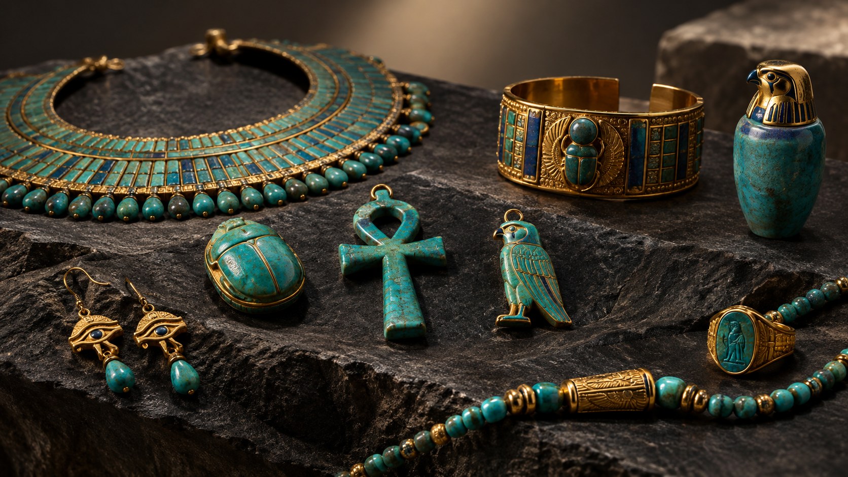 Ancient Egyptian turquoise amulets in a museum display