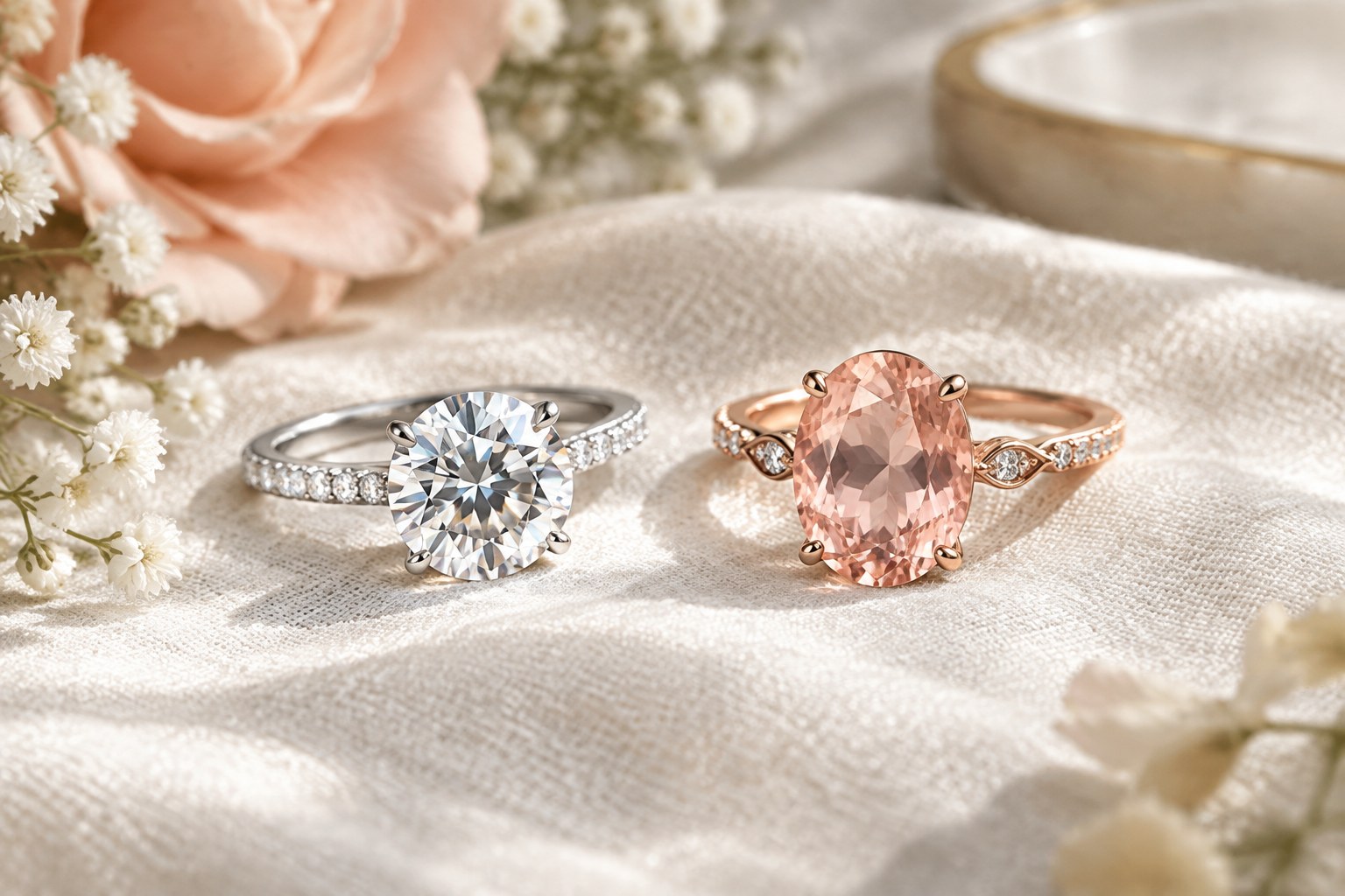 AI illustration of a white moissanite ring beside a pink morganite ring on ivory linen.