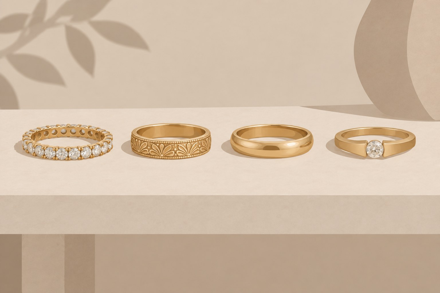 Illustration: a row of rings including an eternity band and a tension-set ring