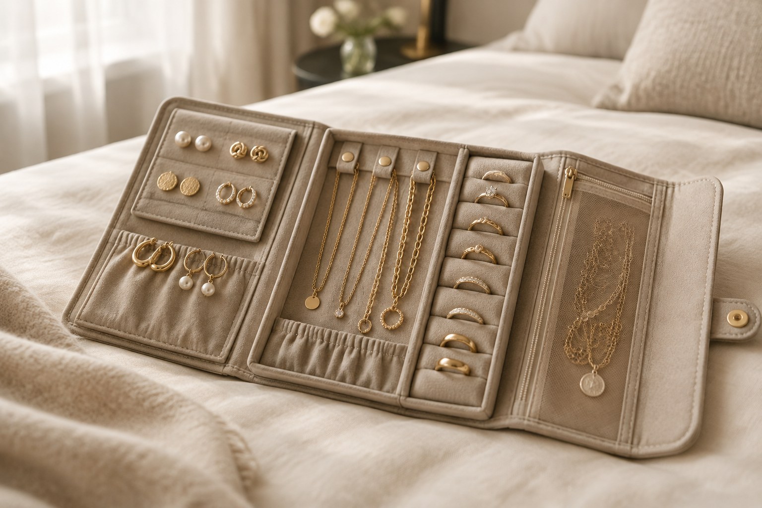 Illustration: an open travel jewellery roll with organised compartments on a hotel bed