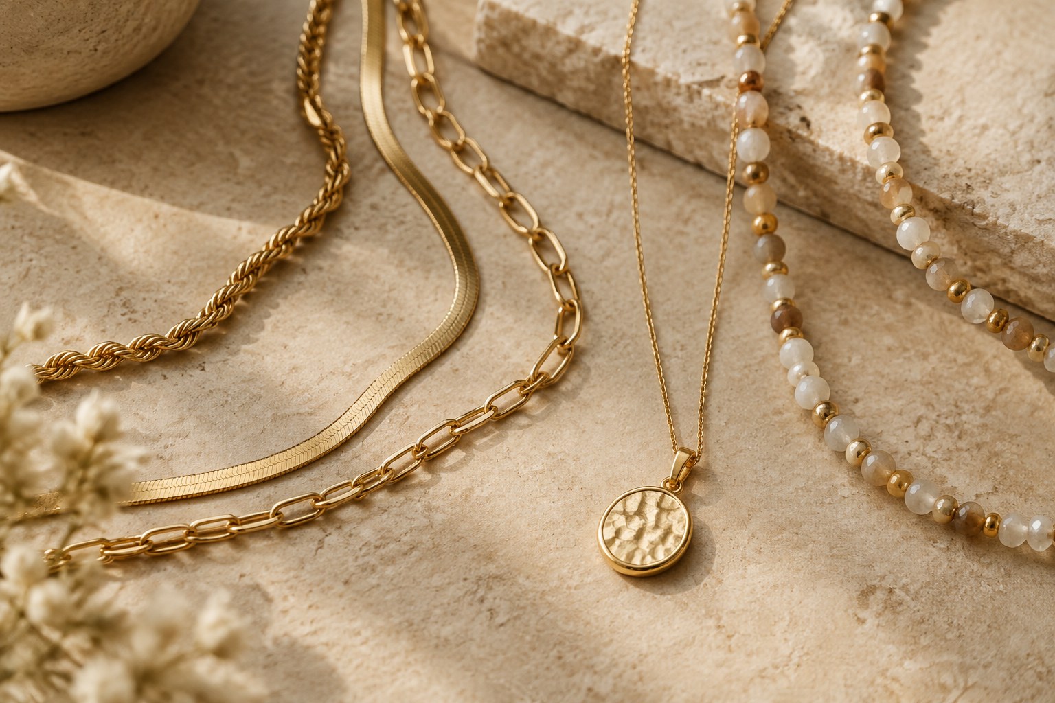 AI illustration of mixed gold chains and a pendant necklace