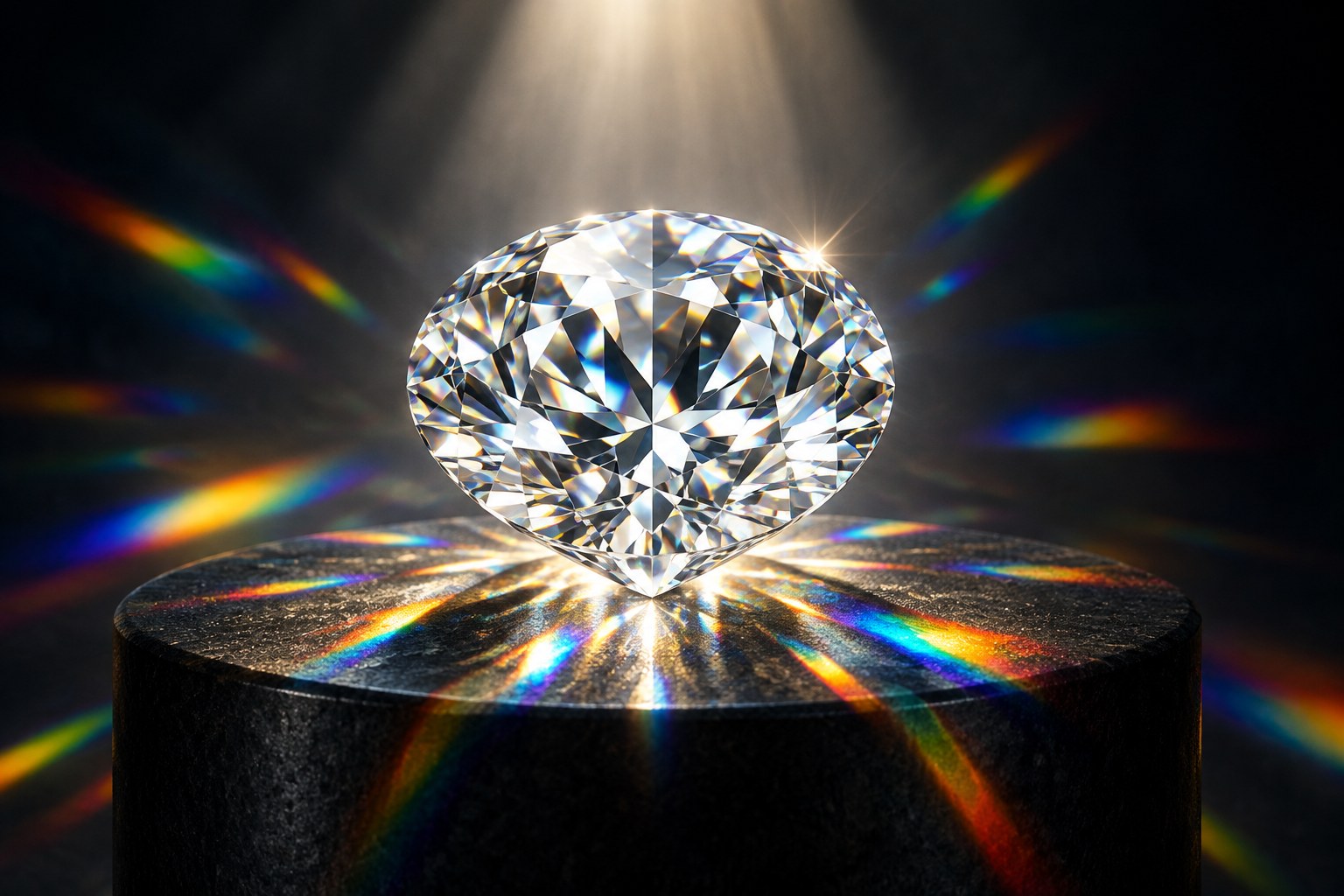 Illustration of a brilliant diamond scattering fire (AI illustration, not a Shewah product)