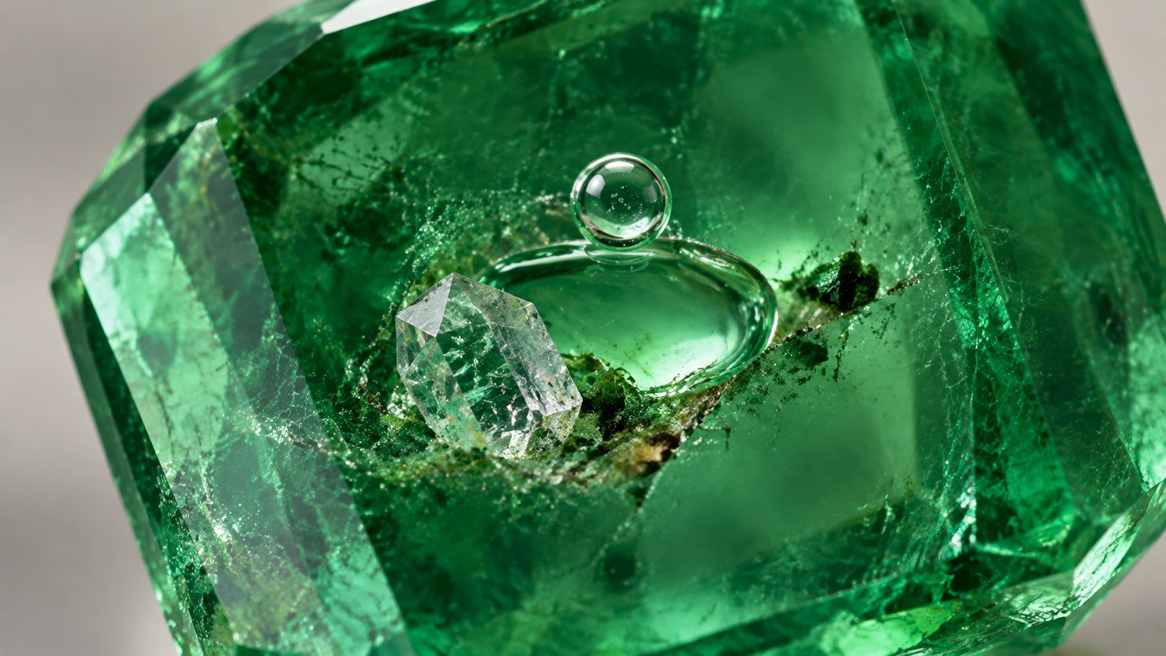 Macro view of a three-phase inclusion inside an emerald