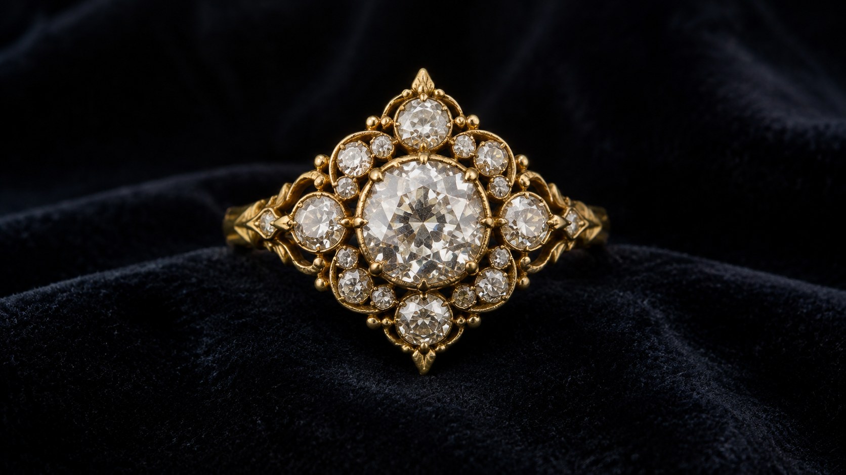 AI-generated illustration of an antique Georgian-era cluster ring on dark velvet