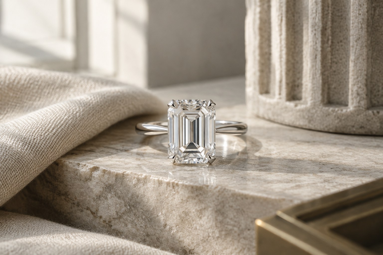 Illustration: an emerald cut solitaire in platinum, Art Deco mood