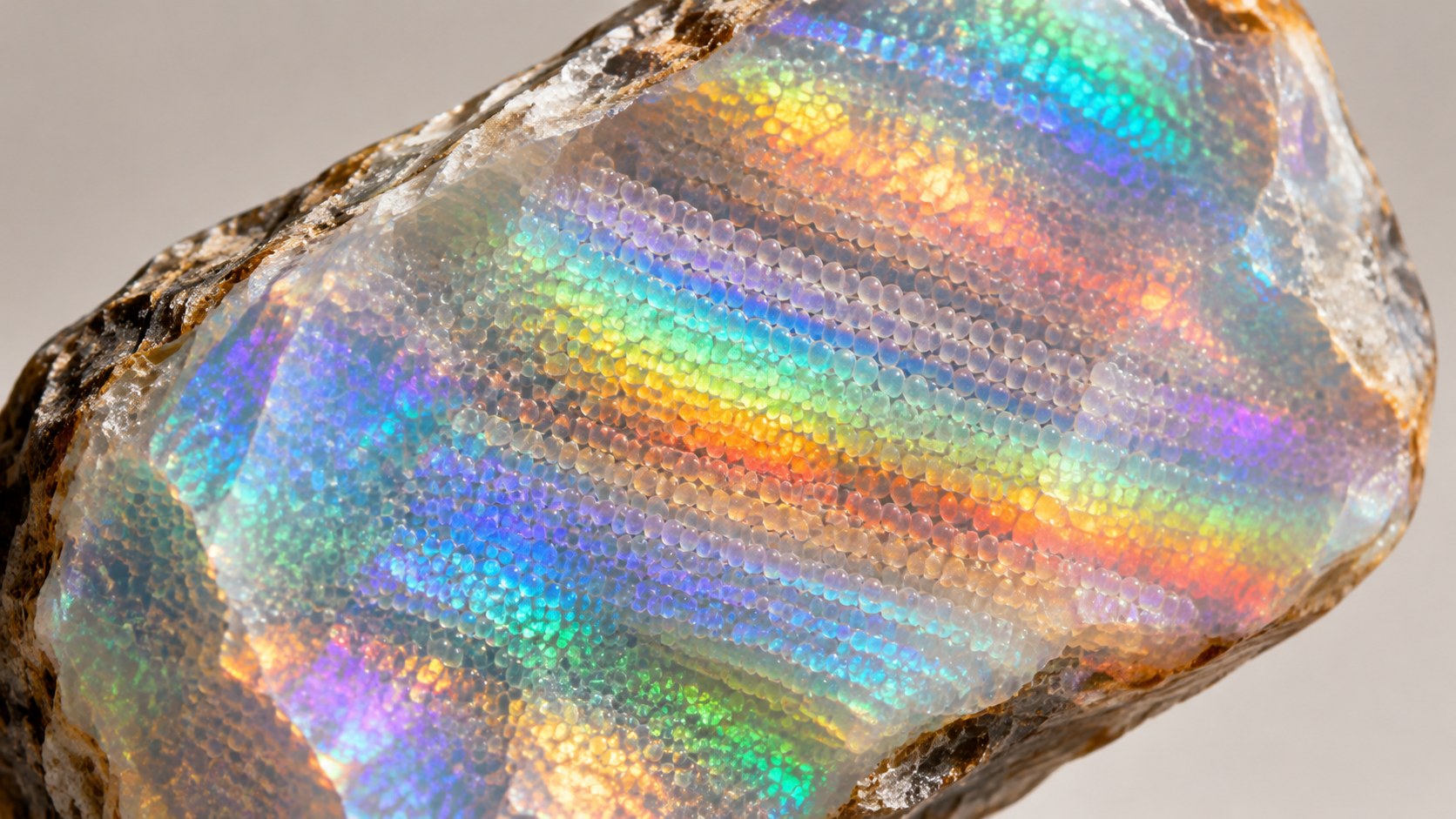 Close view of silica sphere grids diffracting light inside opal