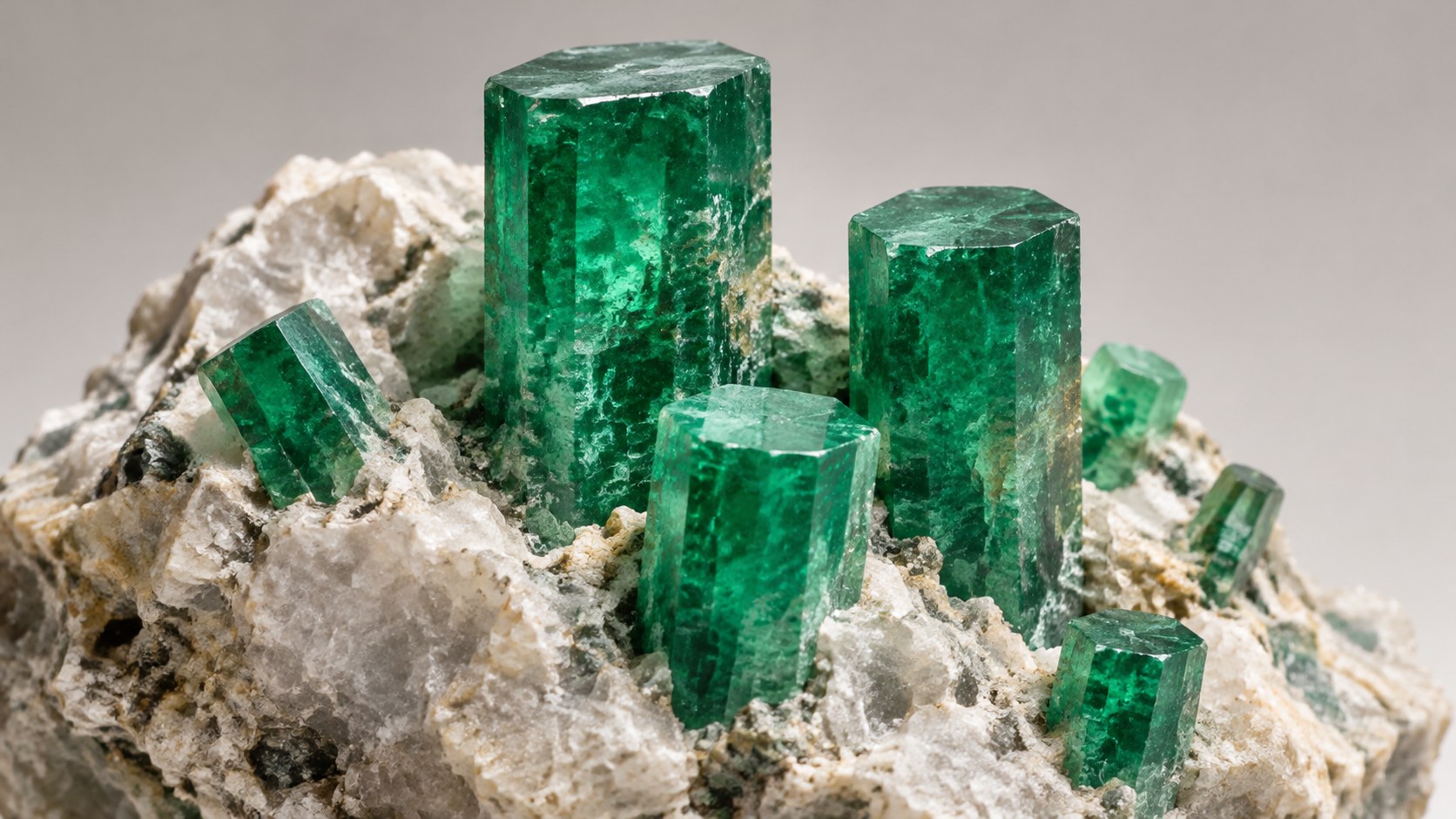 Hexagonal emerald crystal columns in matrix rock