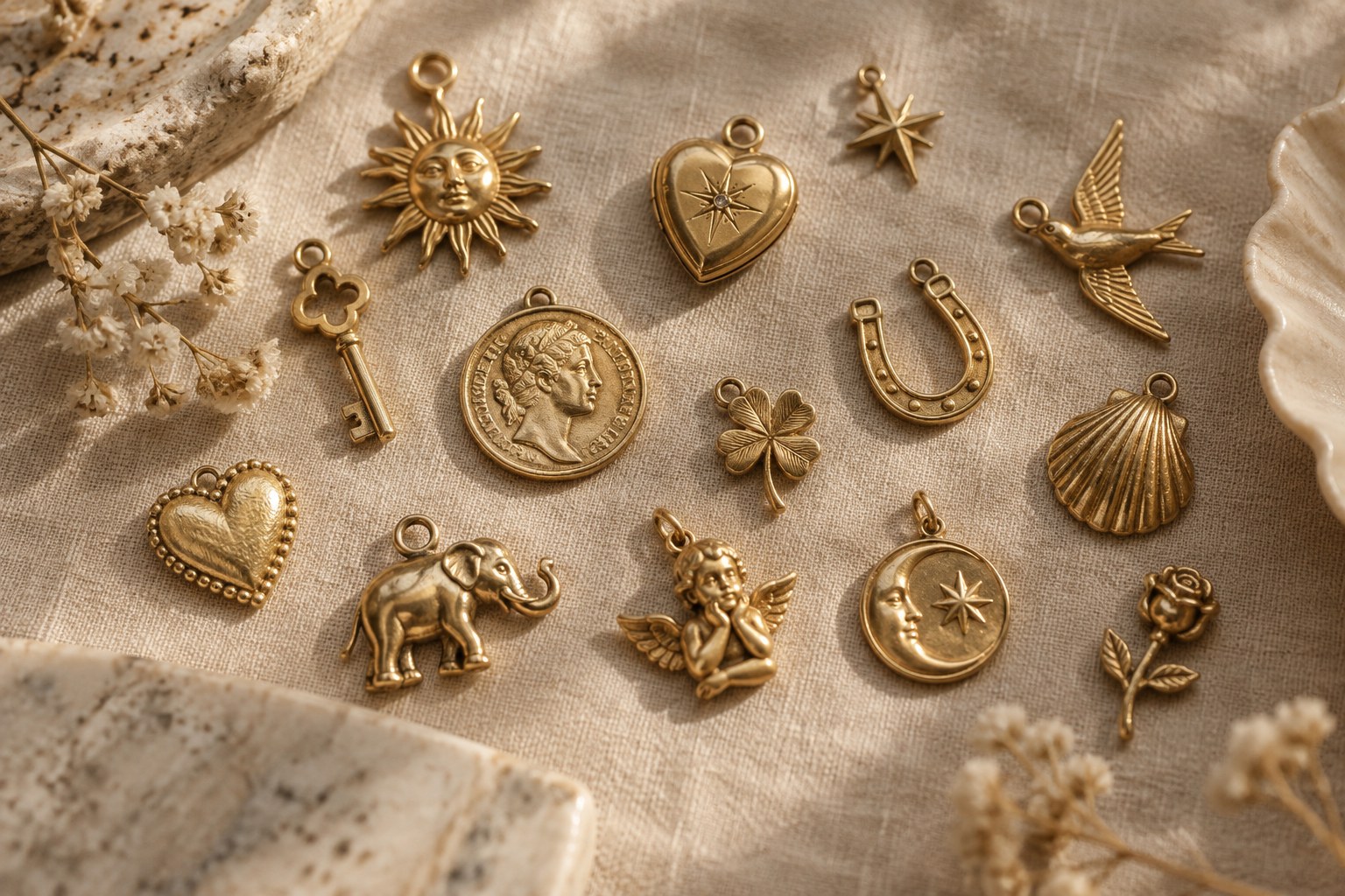A scattered collection of vintage gold charms on linen