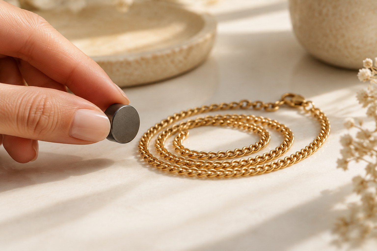 AI illustration of a magnet held near a coiled gold chain