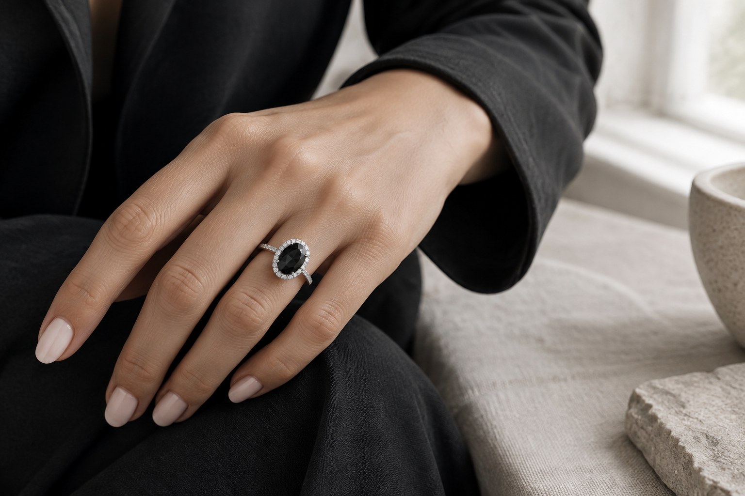 Illustration: a black diamond ring with a white diamond halo worn on the hand
