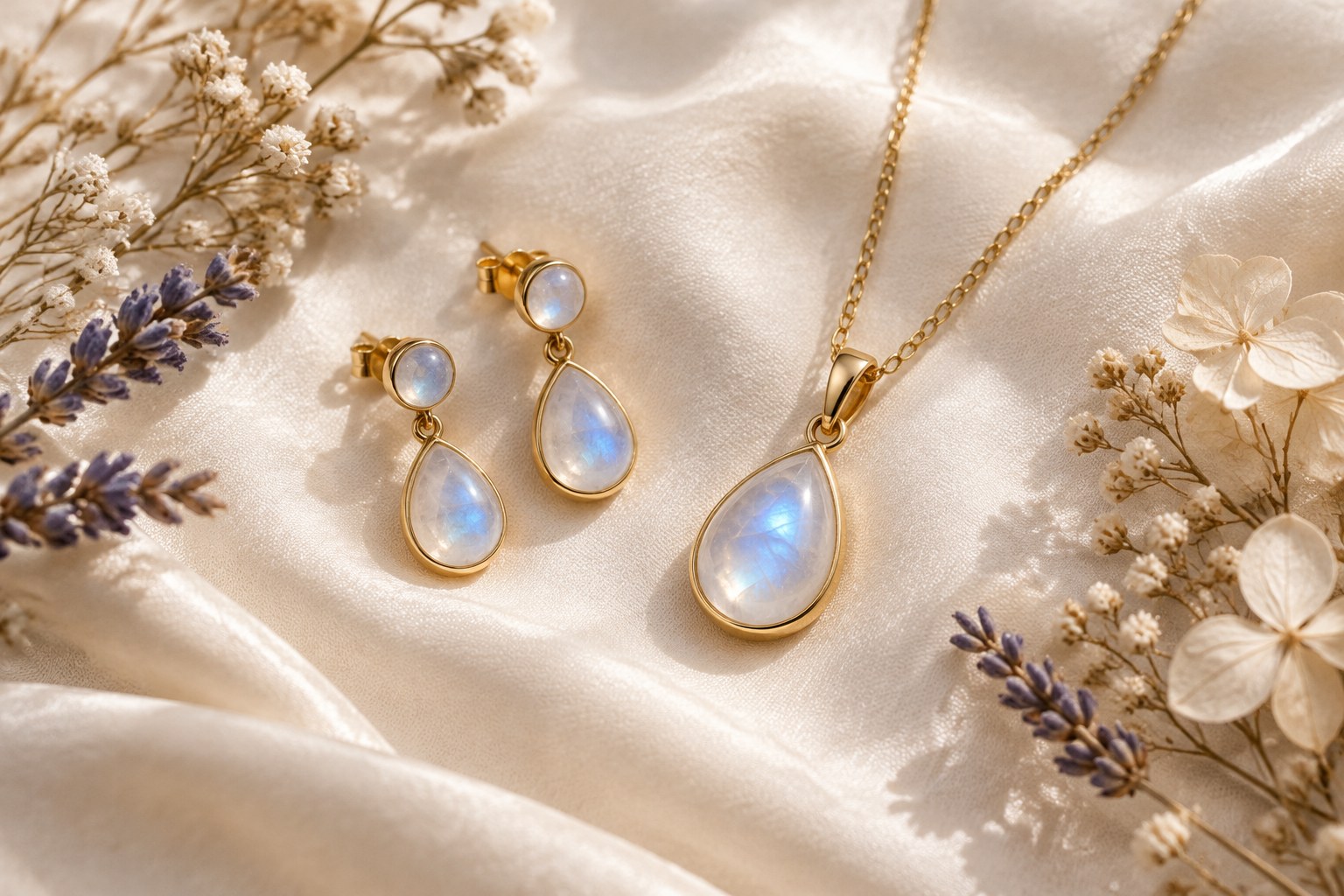 Illustration of moonstone earrings and pendant on silk (AI illustration, not a Shewah product)