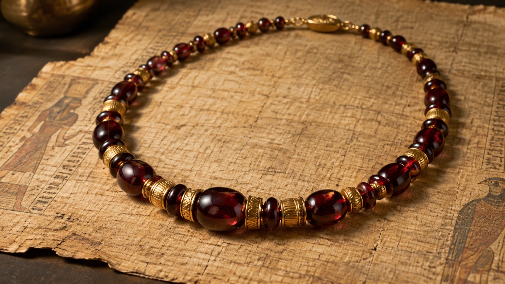 A red garnet bead necklace with gold spacers on aged papyrus