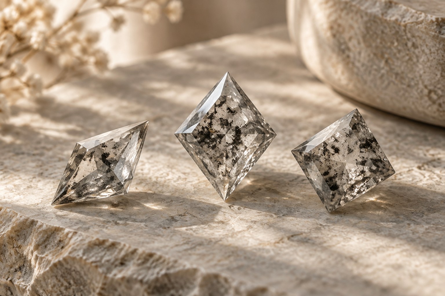 Three loose salt and pepper diamonds with different speckled patterns