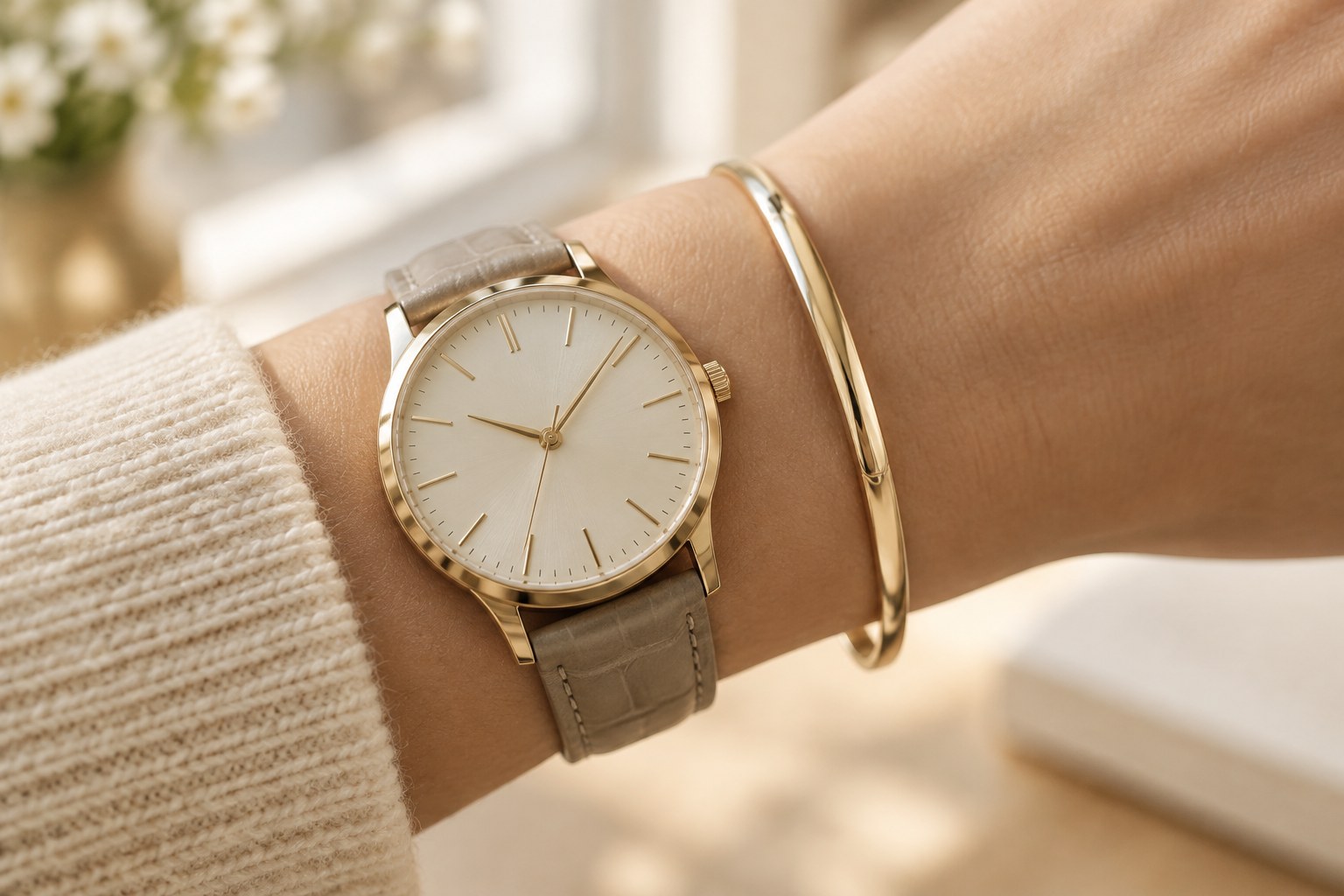 Illustration: close-up of a watch dial beside a delicate gold bangle