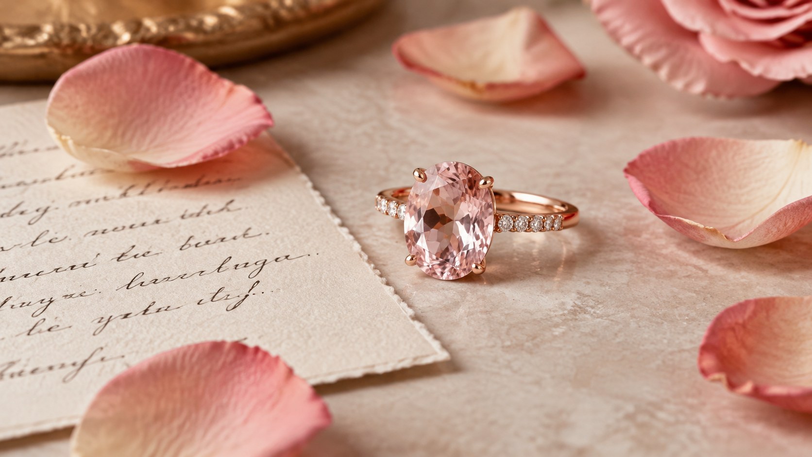 A morganite ring in rose gold beside rose petals