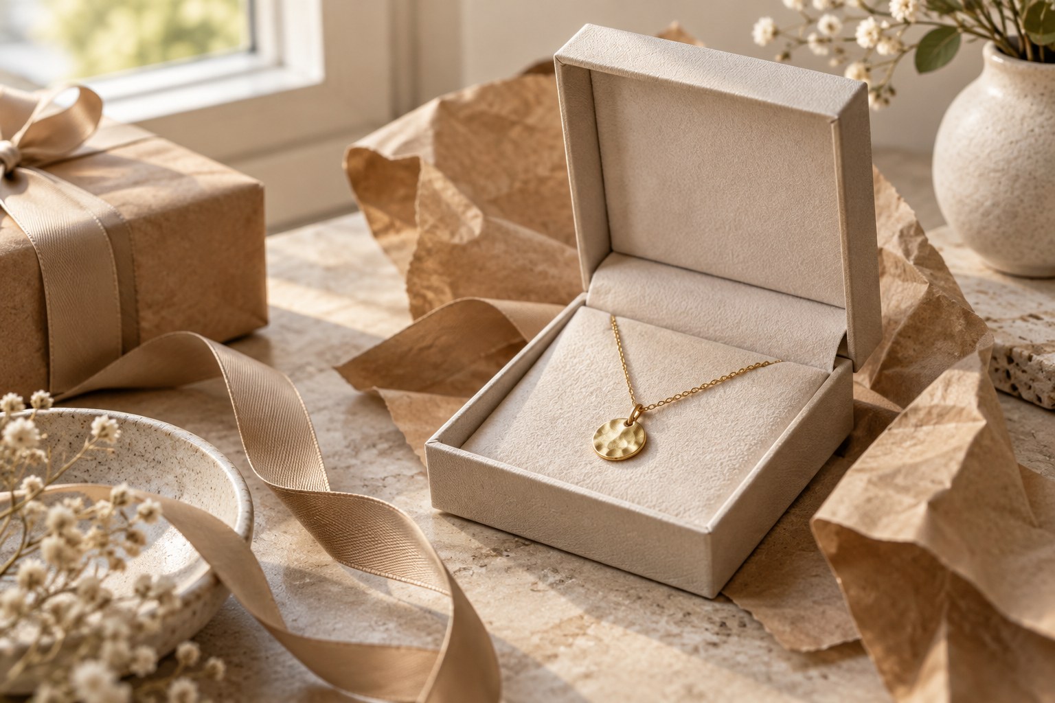 An open gift box revealing a gold pendant necklace